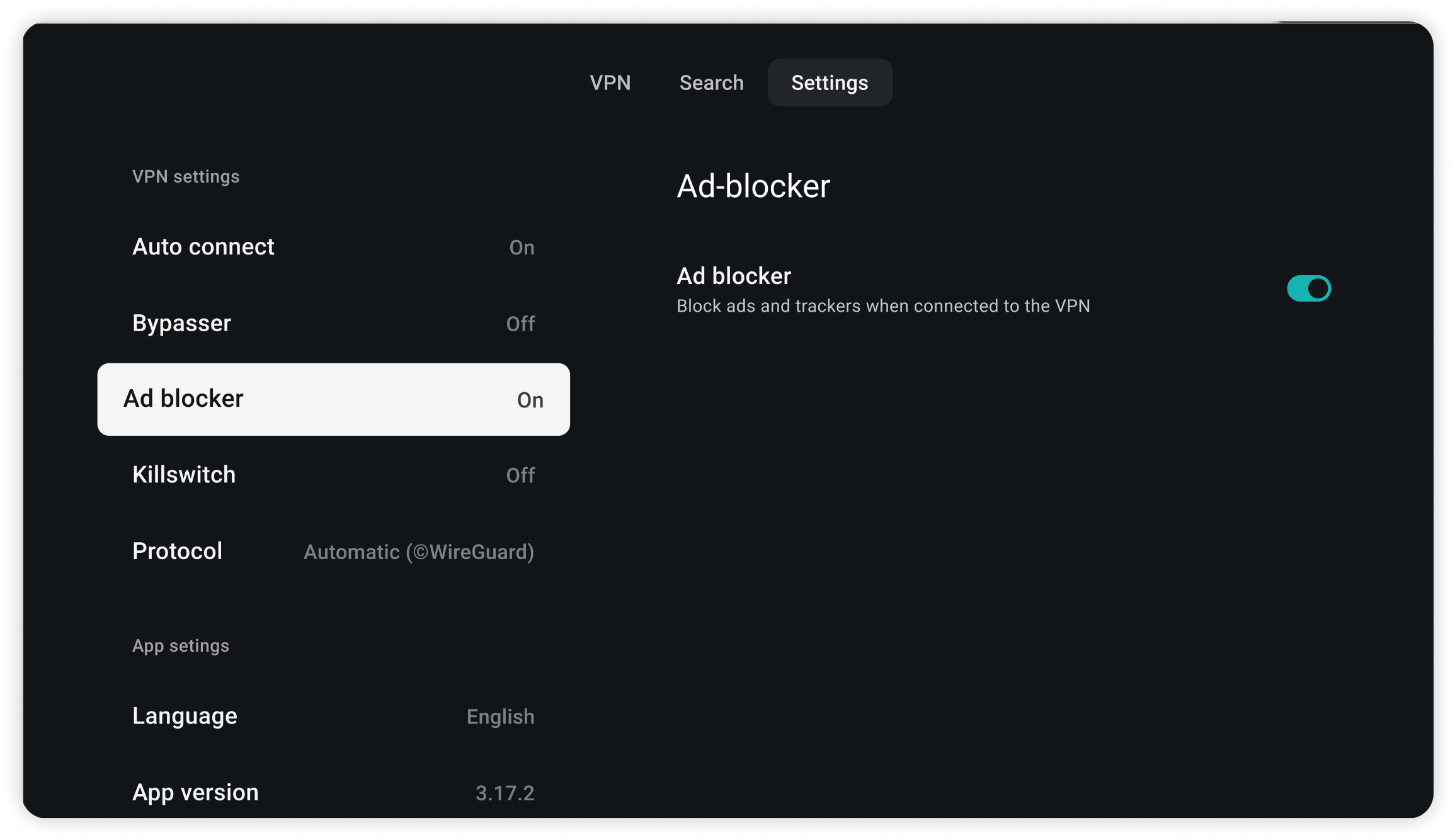 Settings Ad blocker page with the toggle on