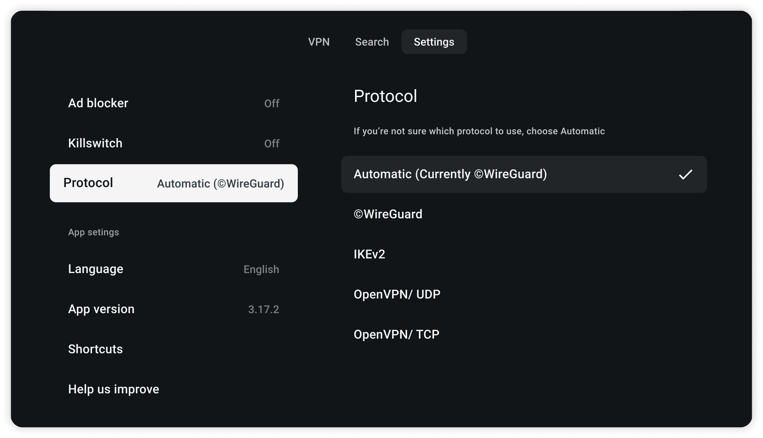 Settings Protocol page with Automatic WireGuard selected