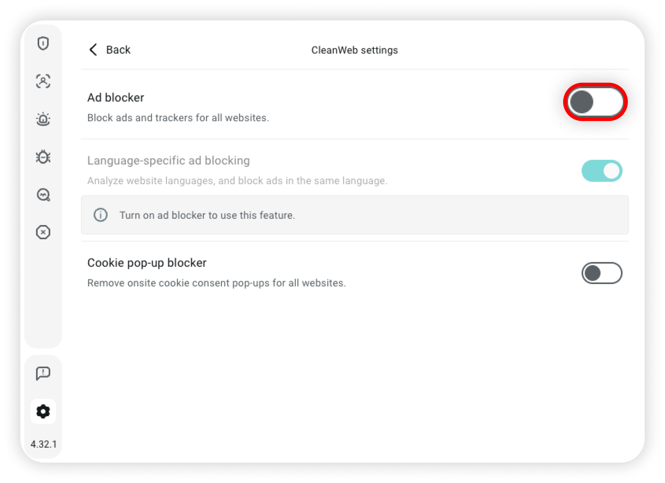 Ad blocker toggle off