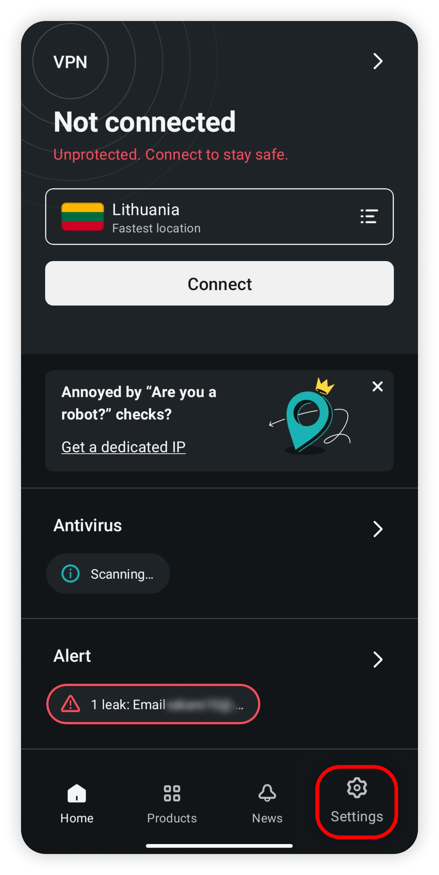 Android home with Settings tab circled