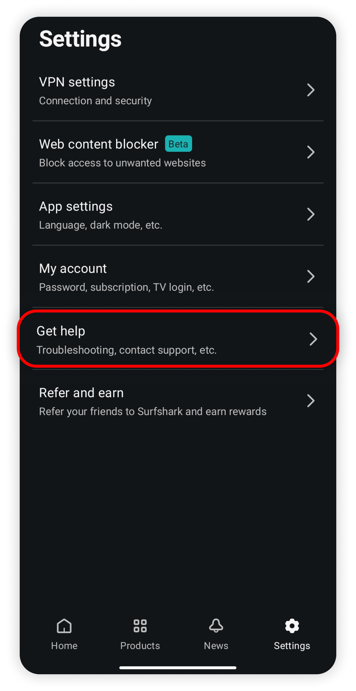 Android Settings with Get help circled