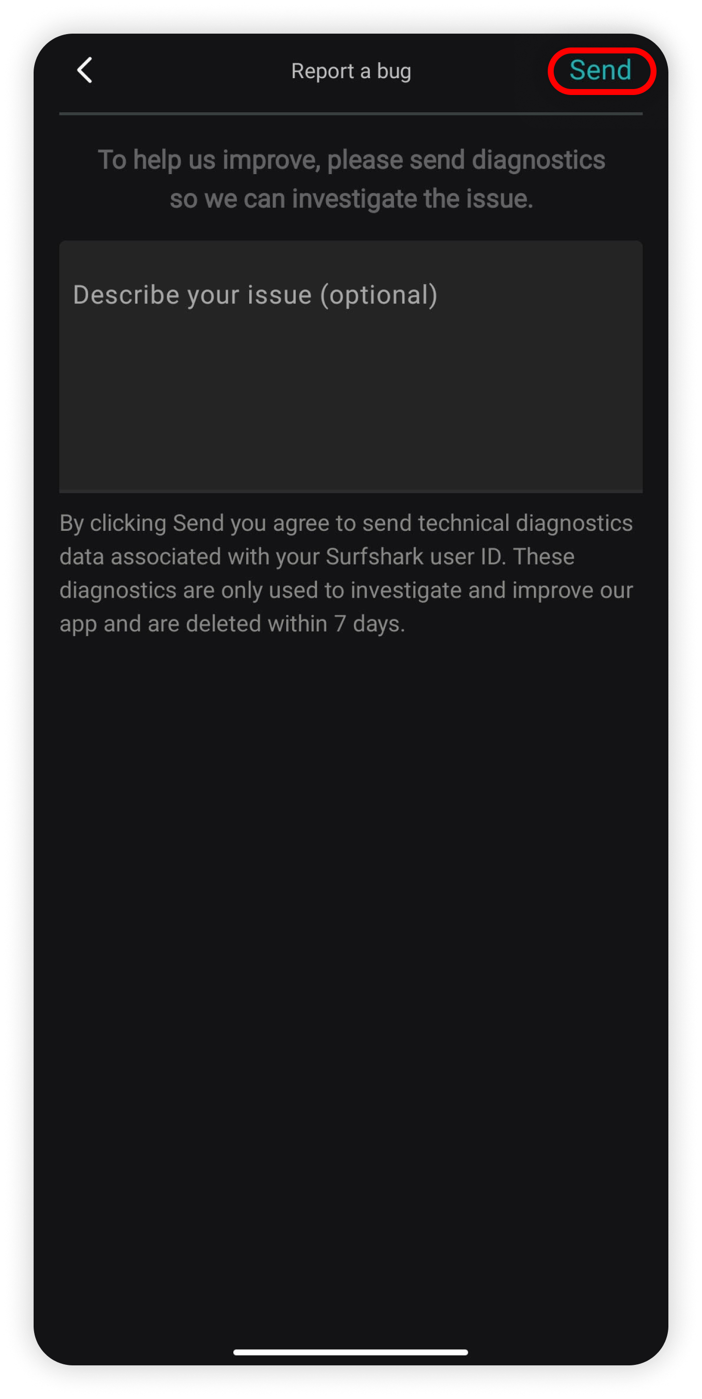 Report a bug form with Send circled