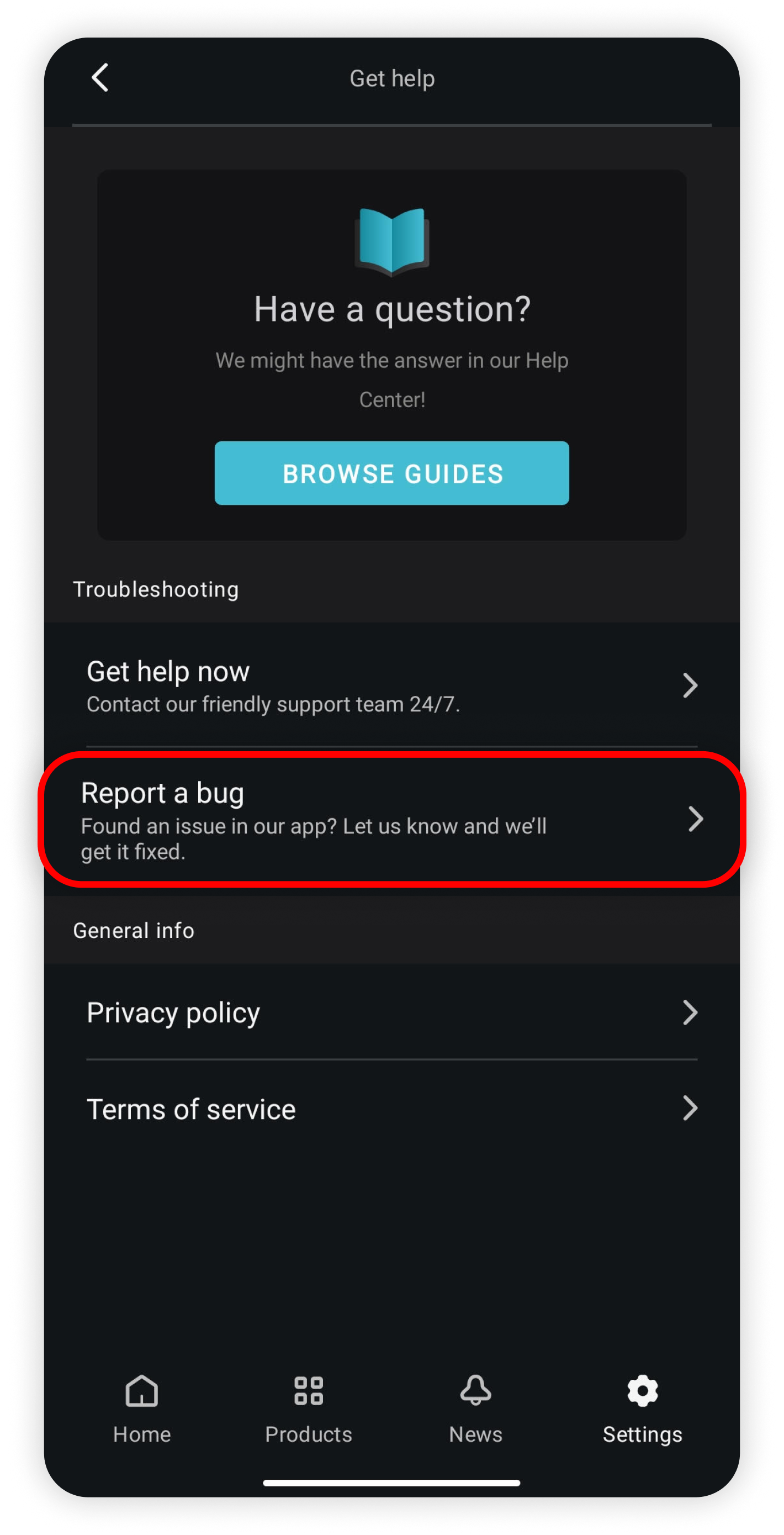 Get help page with Report a bug circled