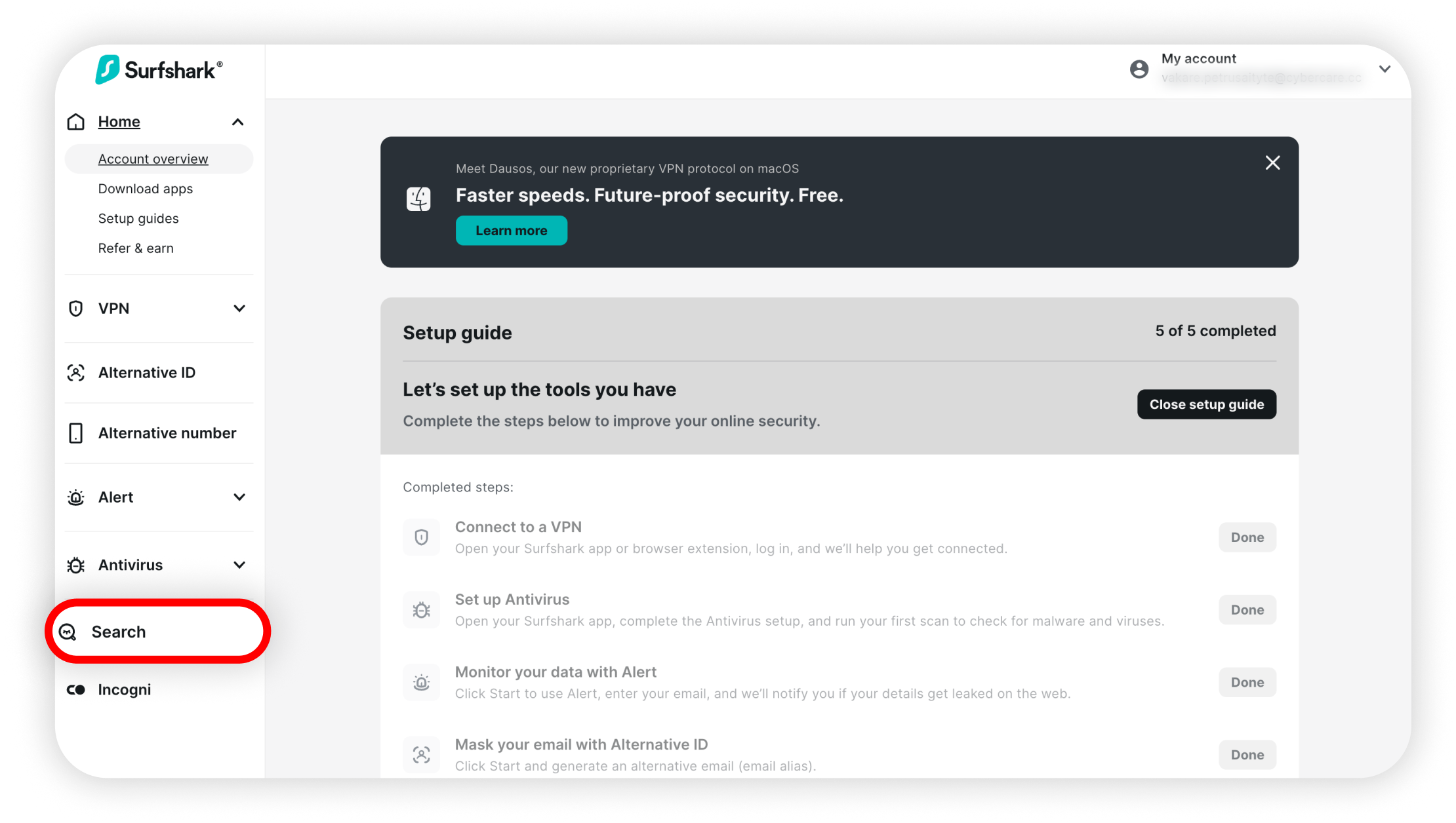 Surfshark website with Search highlighted in the left menu