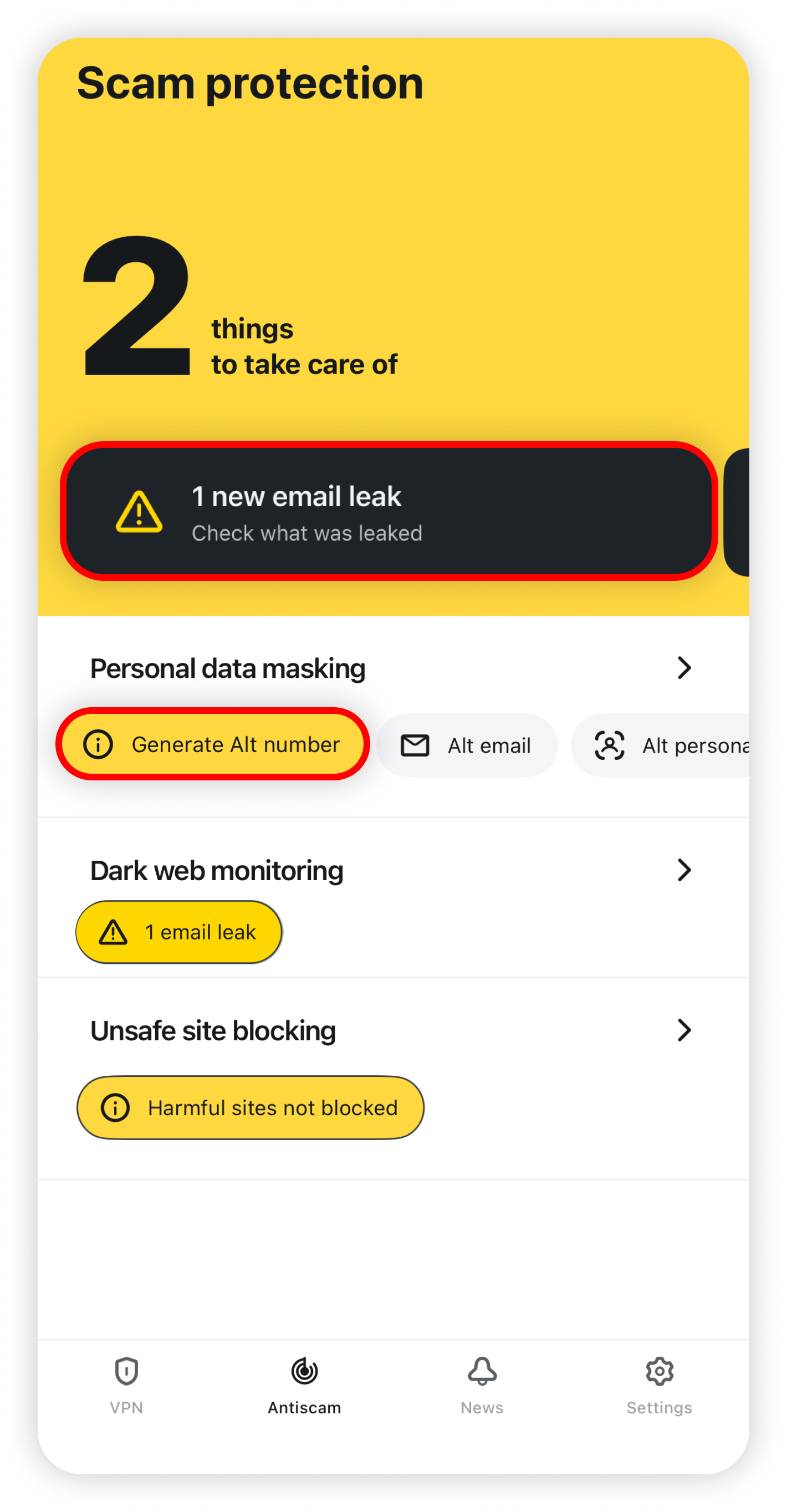 Scam protection with Generate Alt number highlighted