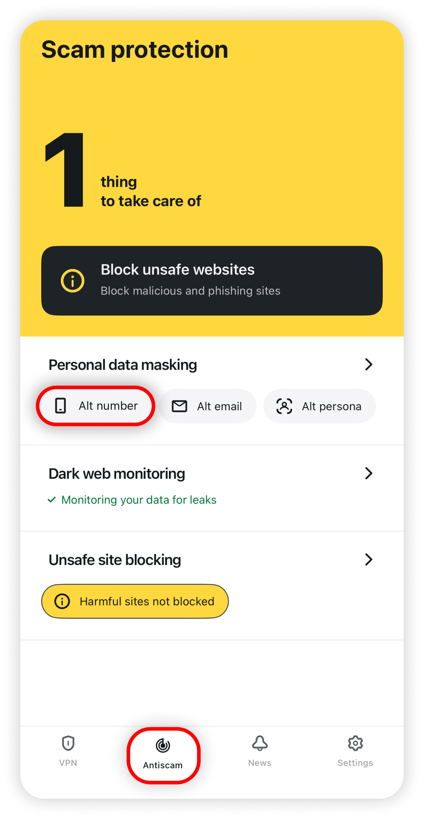 Scam protection with Alt number and Antiscam highlighted
