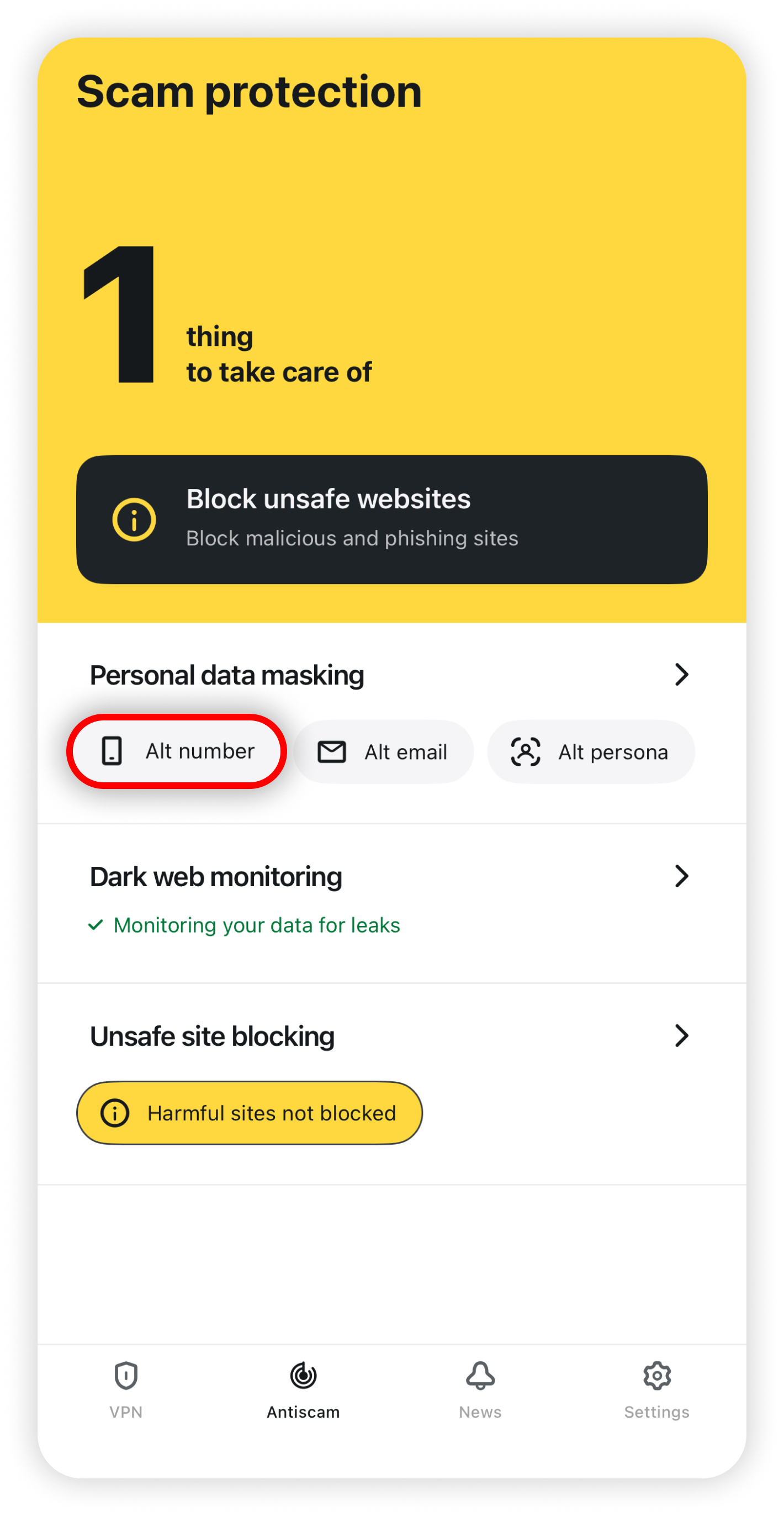 Scam protection with Alt number highlighted