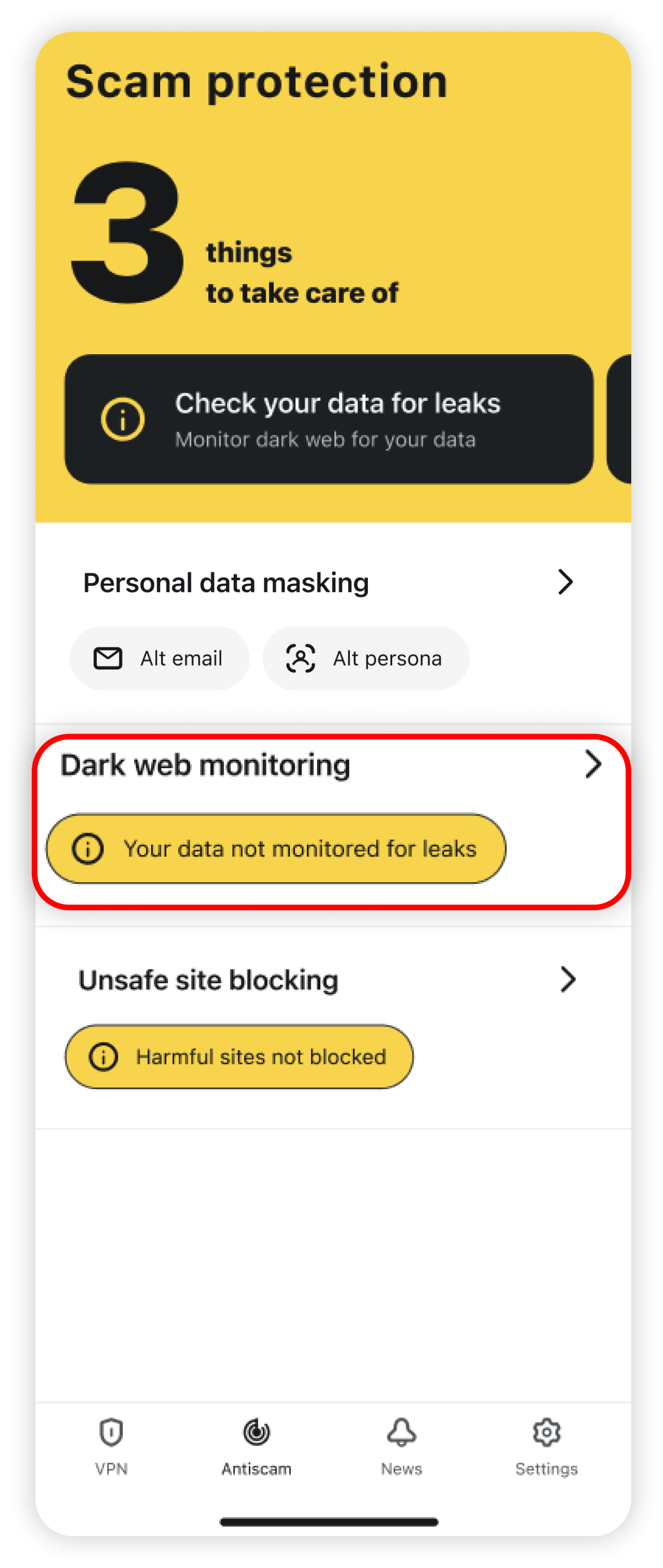Scam protection with Dark web monitoring highlighted