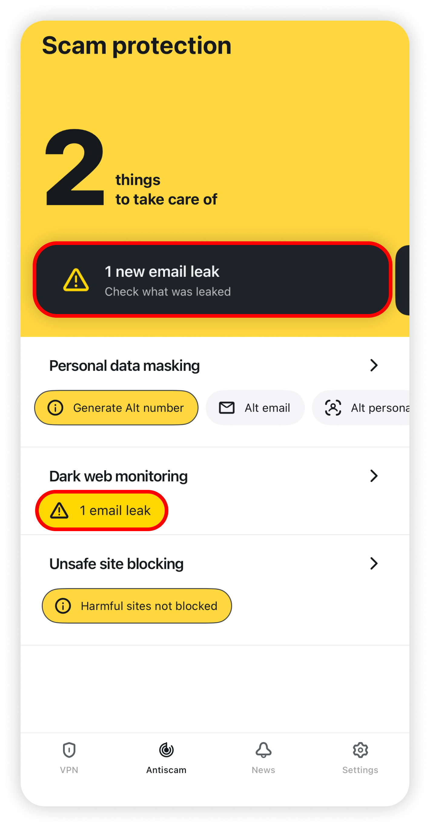 Scam protection with 1 new email leak and Dark web monitoring 1 email leak highlighted