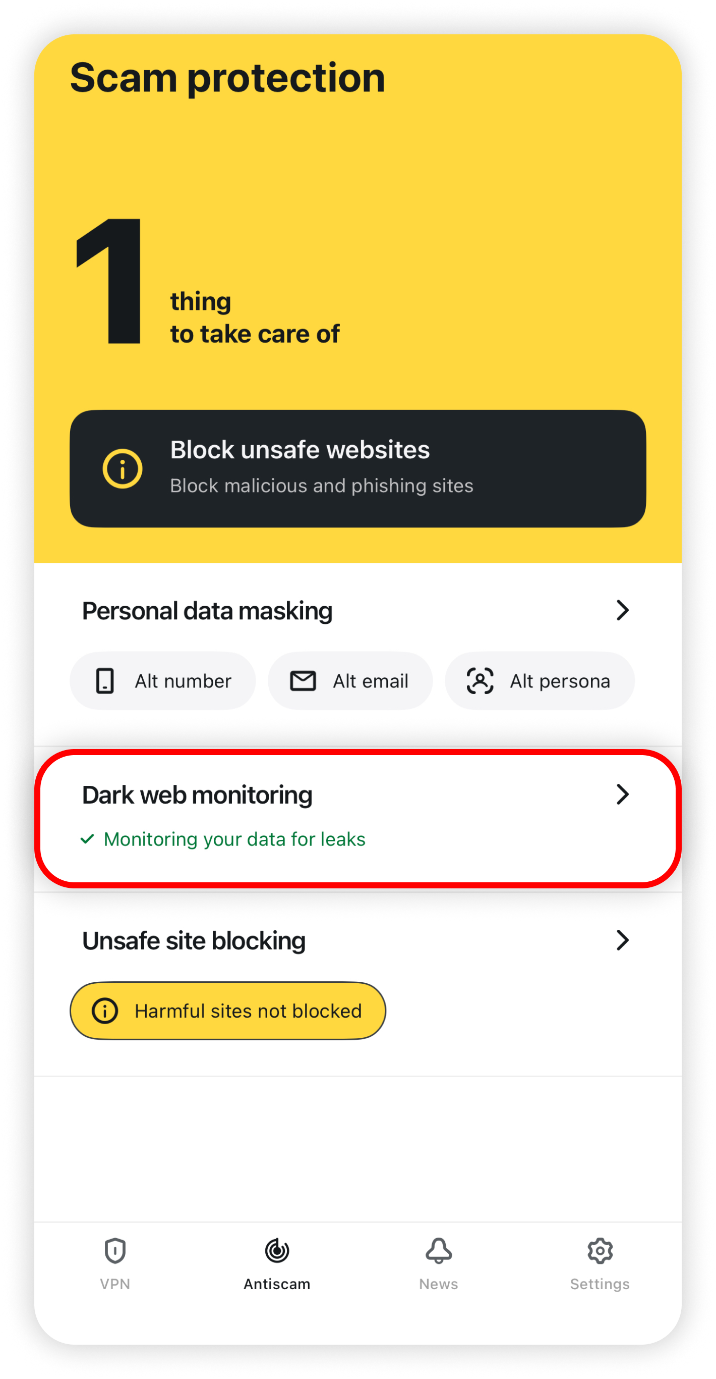 Scam protection with Dark web monitoring Monitoring your data for leaks highlighted