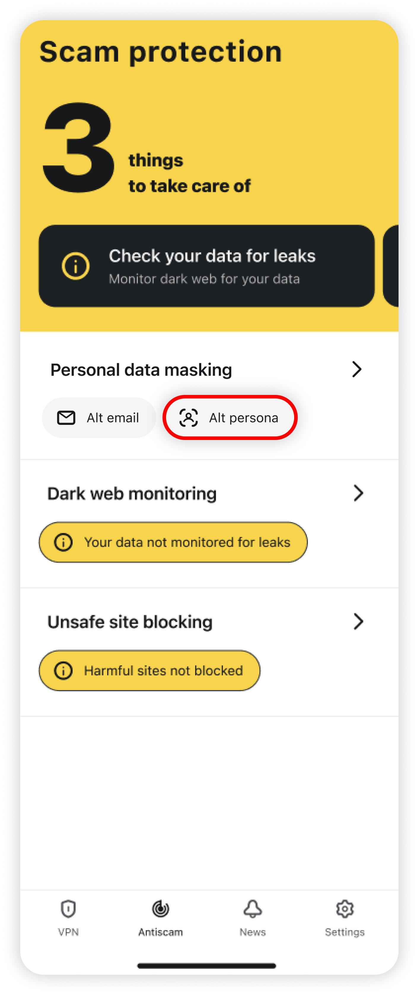 Scam protection with Alt persona highlighted under Personal data masking