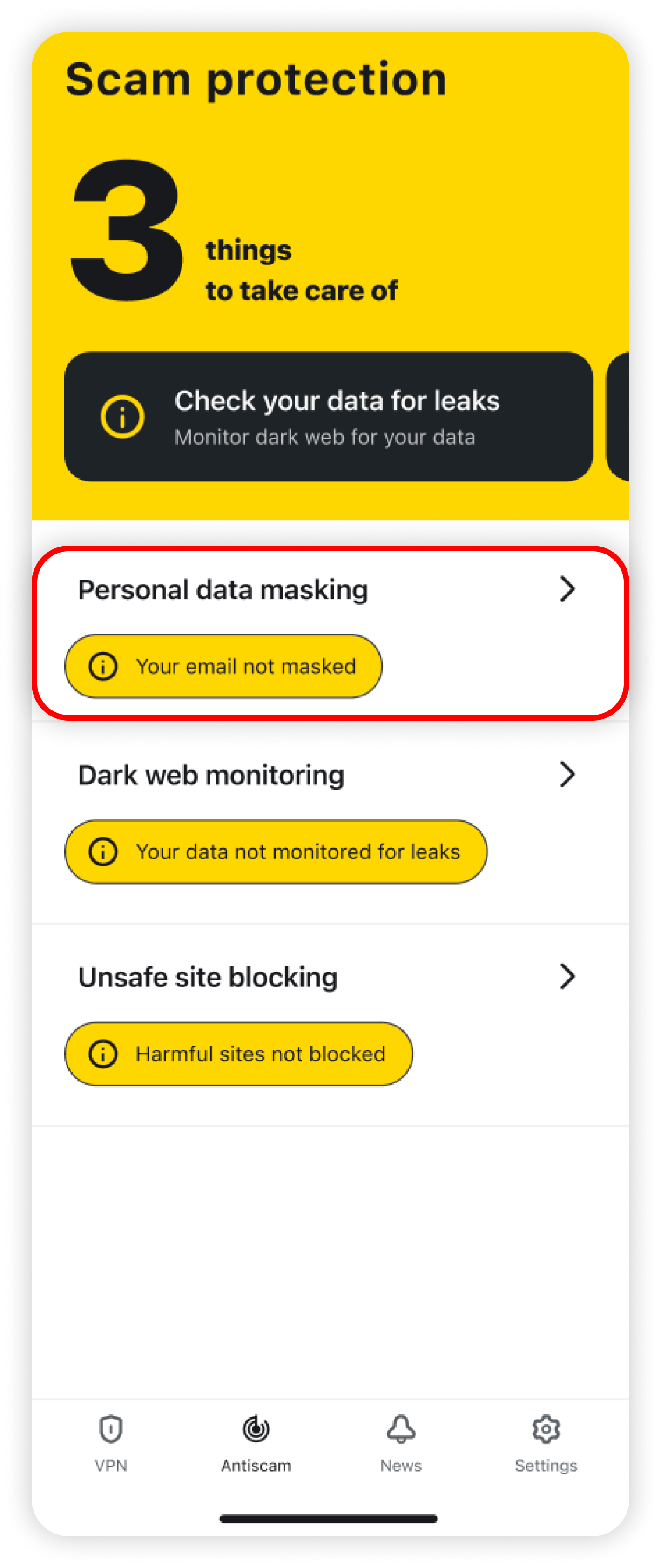 Scam protection with Personal data masking highlighted