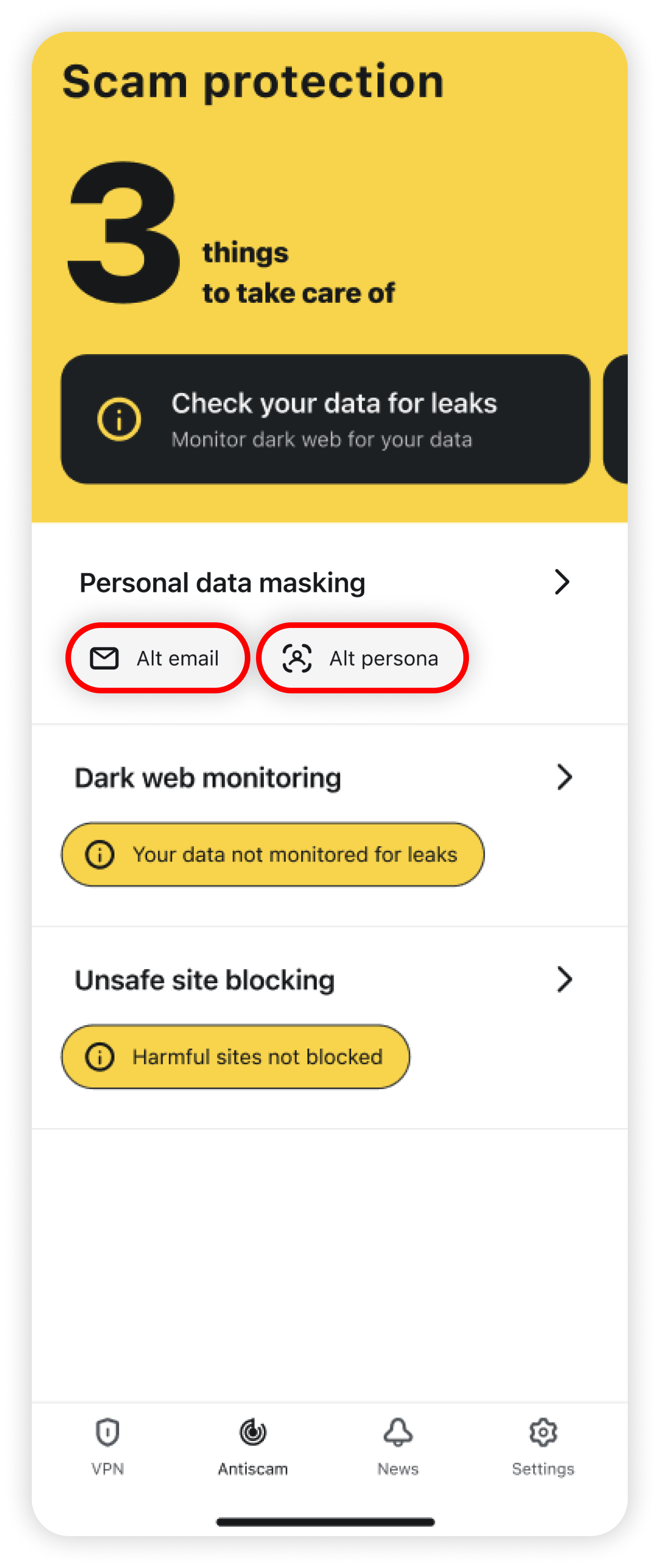 Scam protection with Alt email and Alt persona highlighted