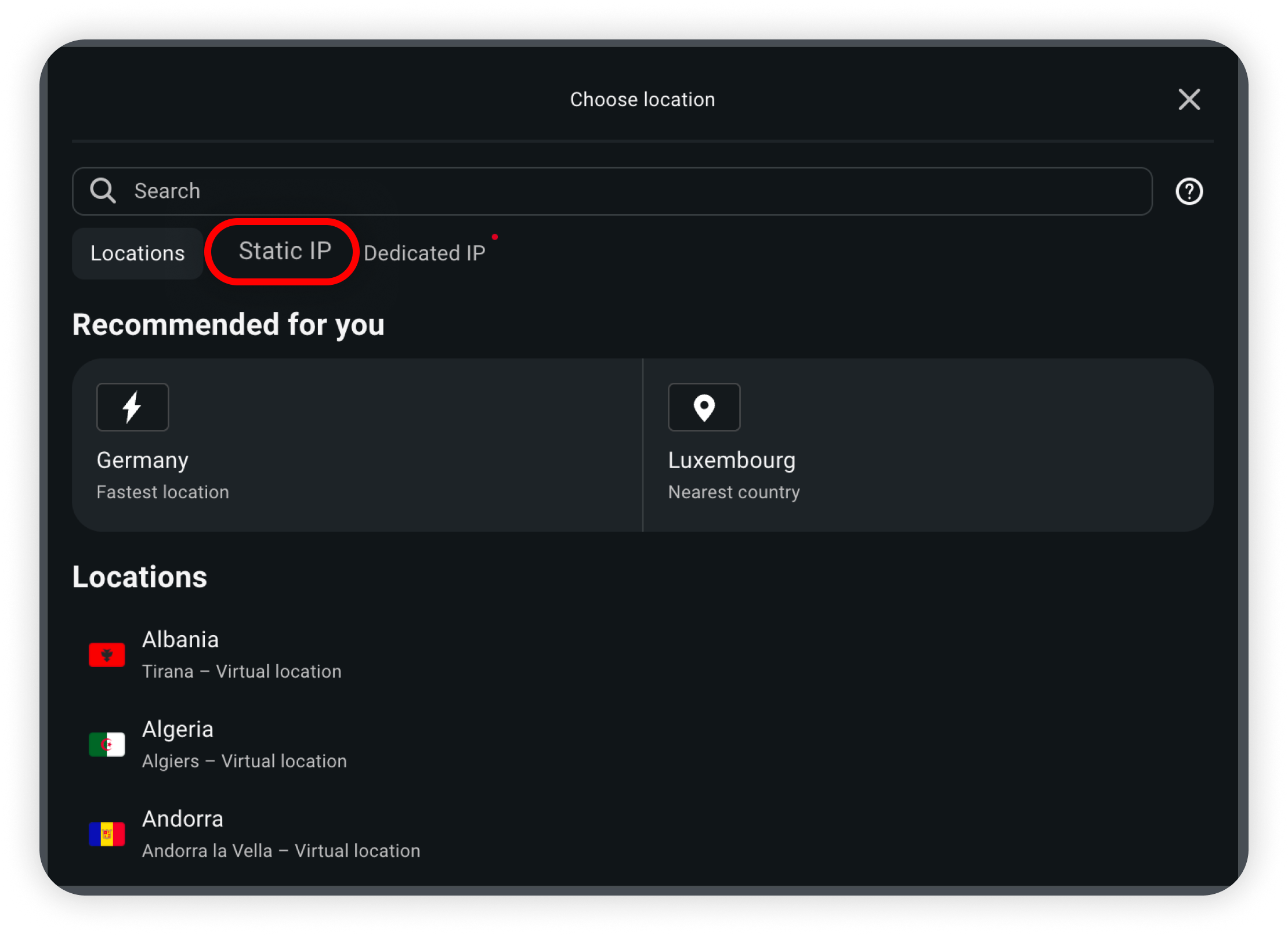 Connection options screenshot