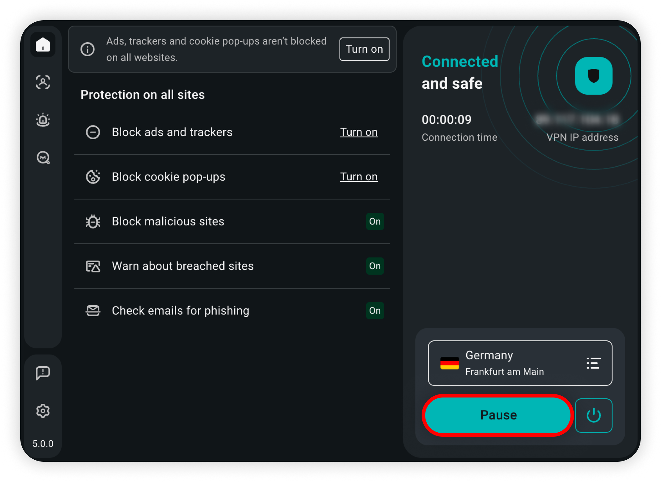 You can disconnect by clicking the disconnect icon: Alternatively, you can also click on pause to temporarily pause the VPN connection