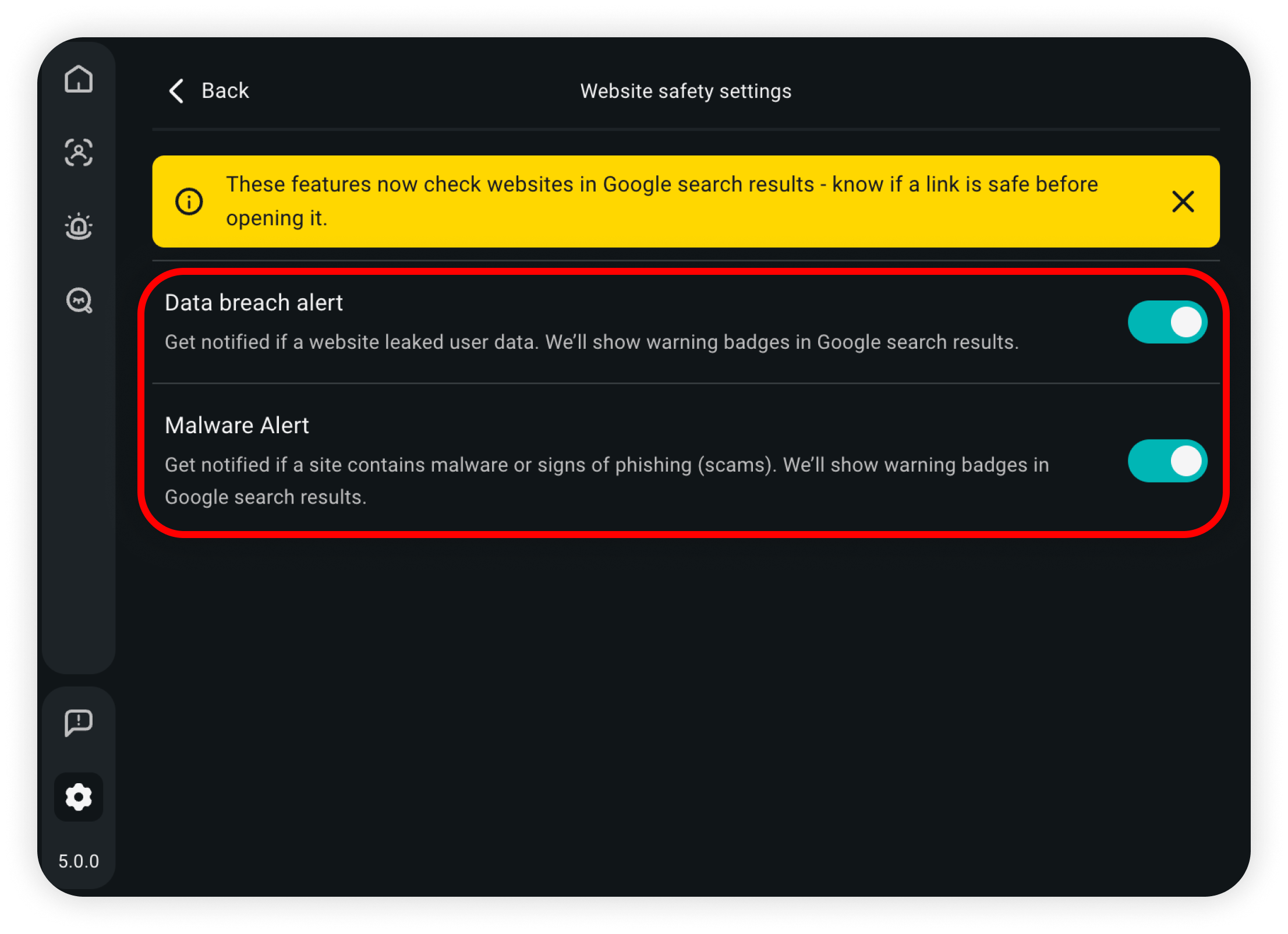 Malware alert — flags search results and sites associated with malware or phishing attempts, and shows an interstitial warning if you…
