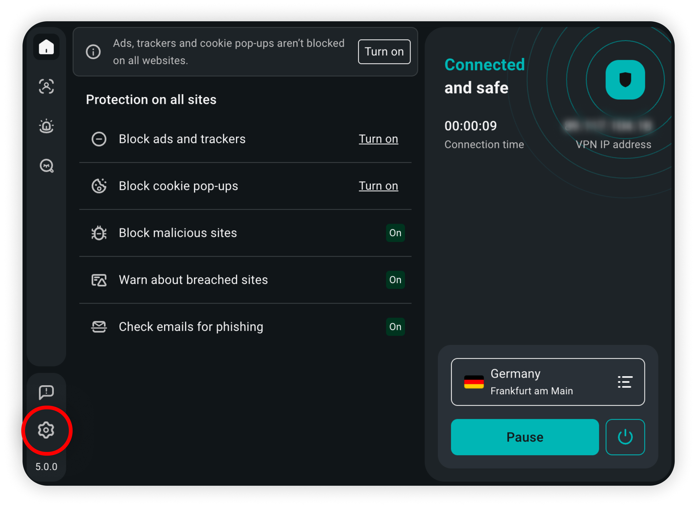 Surfshark browser extension with the settings cogwheel highlighted