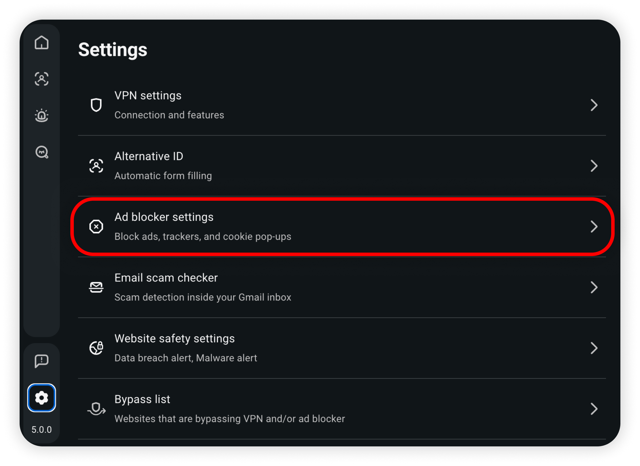 Extension Settings with Ad blocker settings highlighted