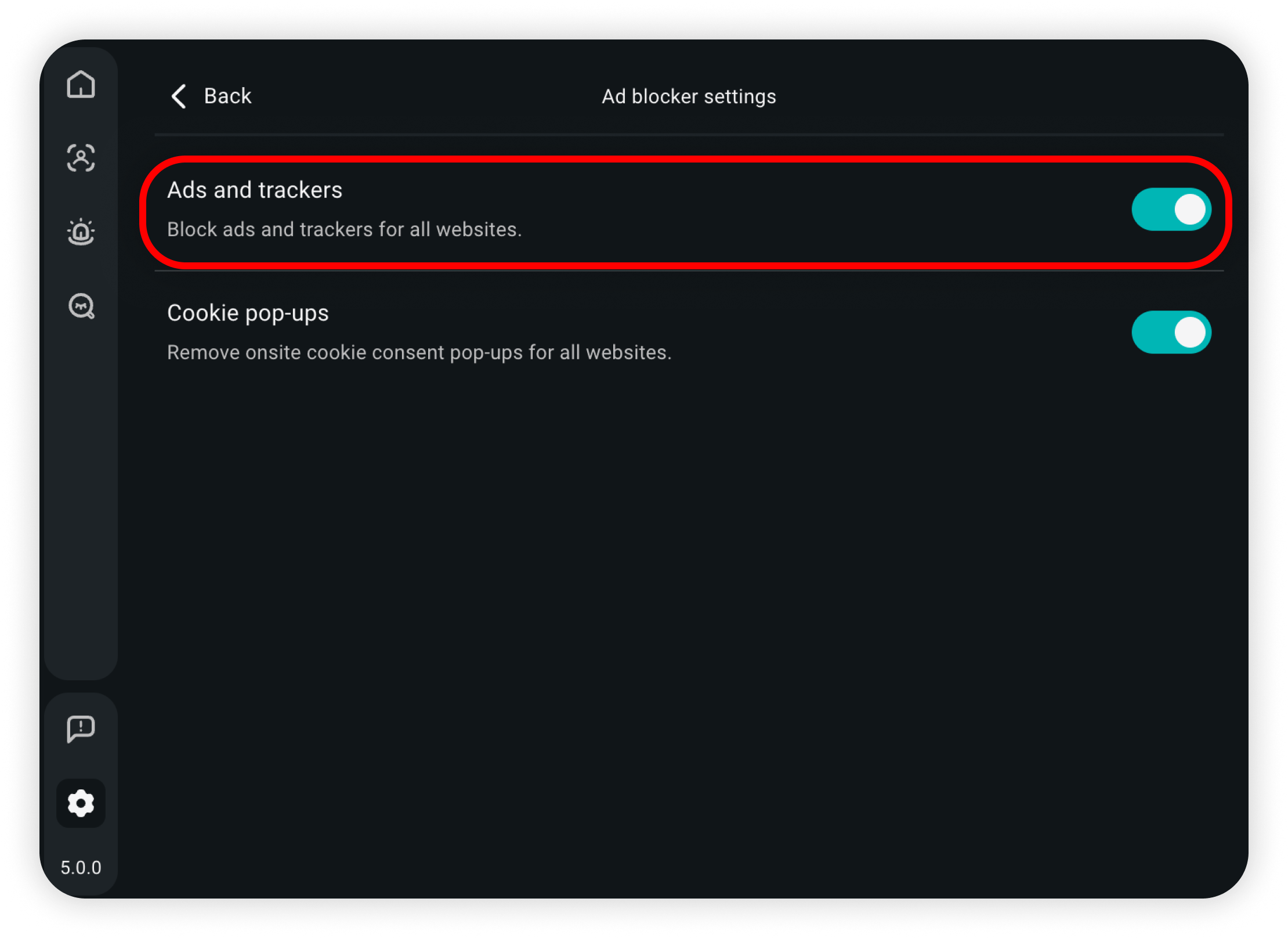 Ad blocker settings with the Ads and trackers toggle highlighted