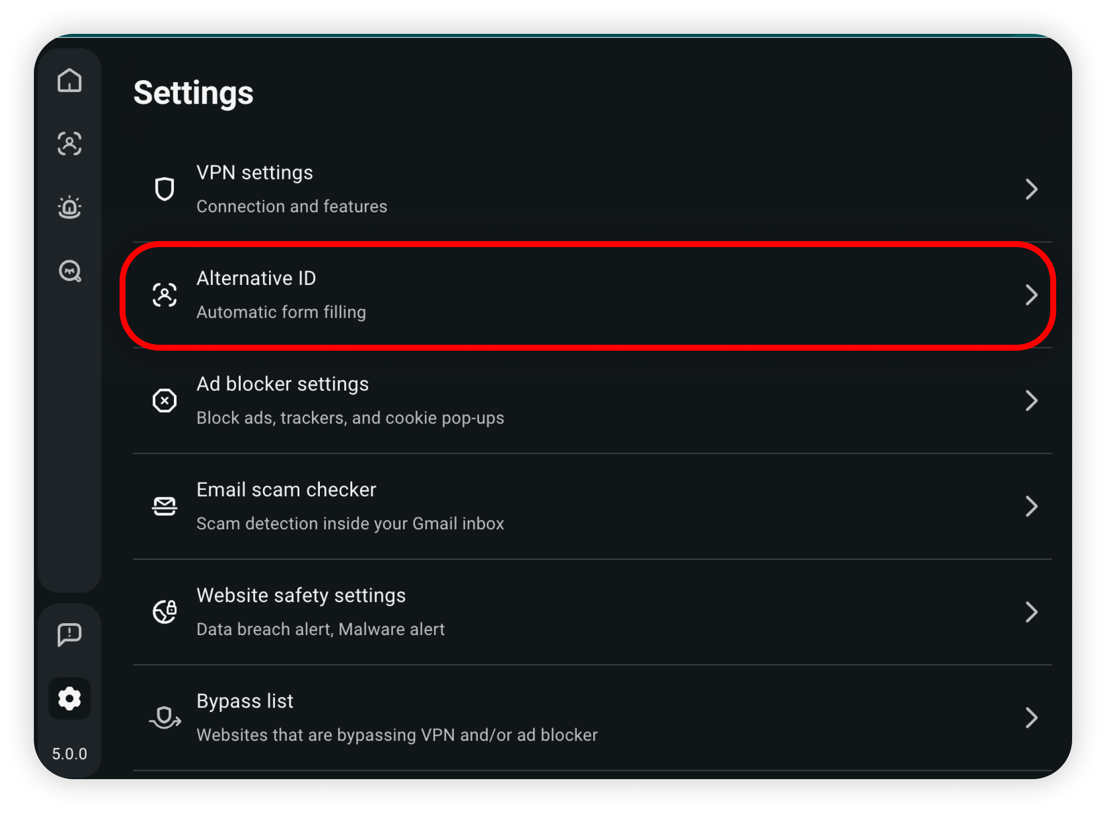 Extension Settings with Alternative ID highlighted