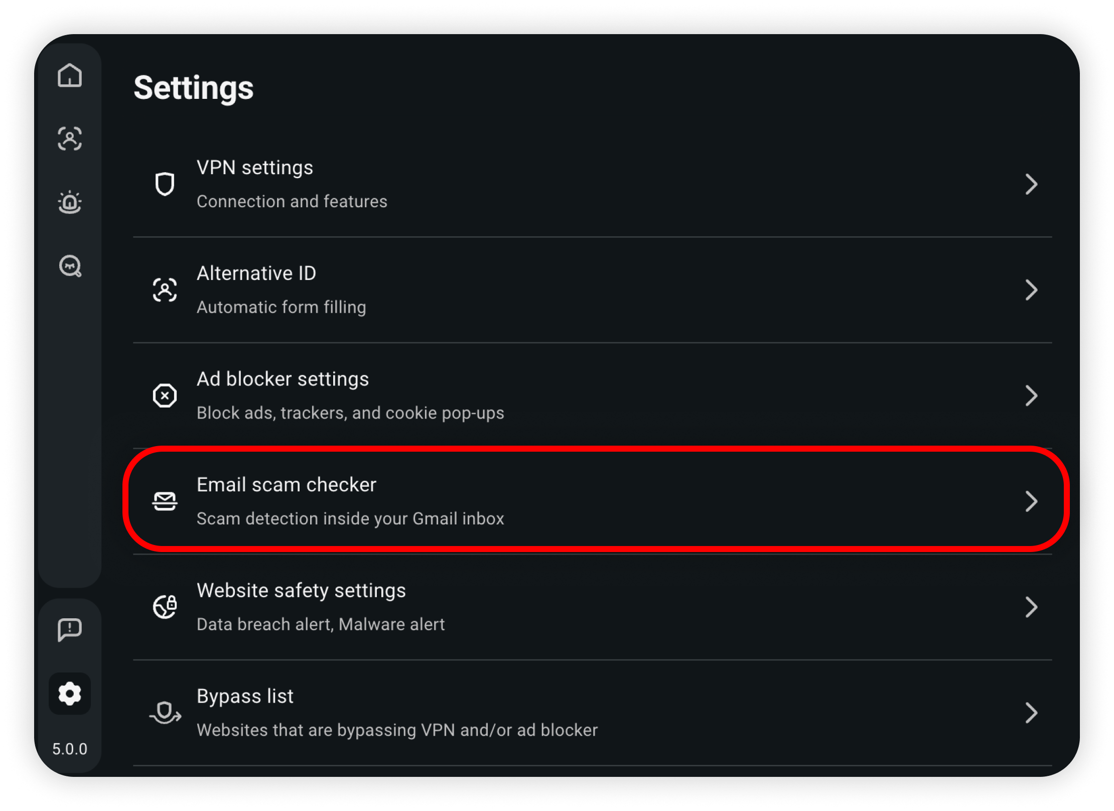 Extension settings with Email scam checker circled