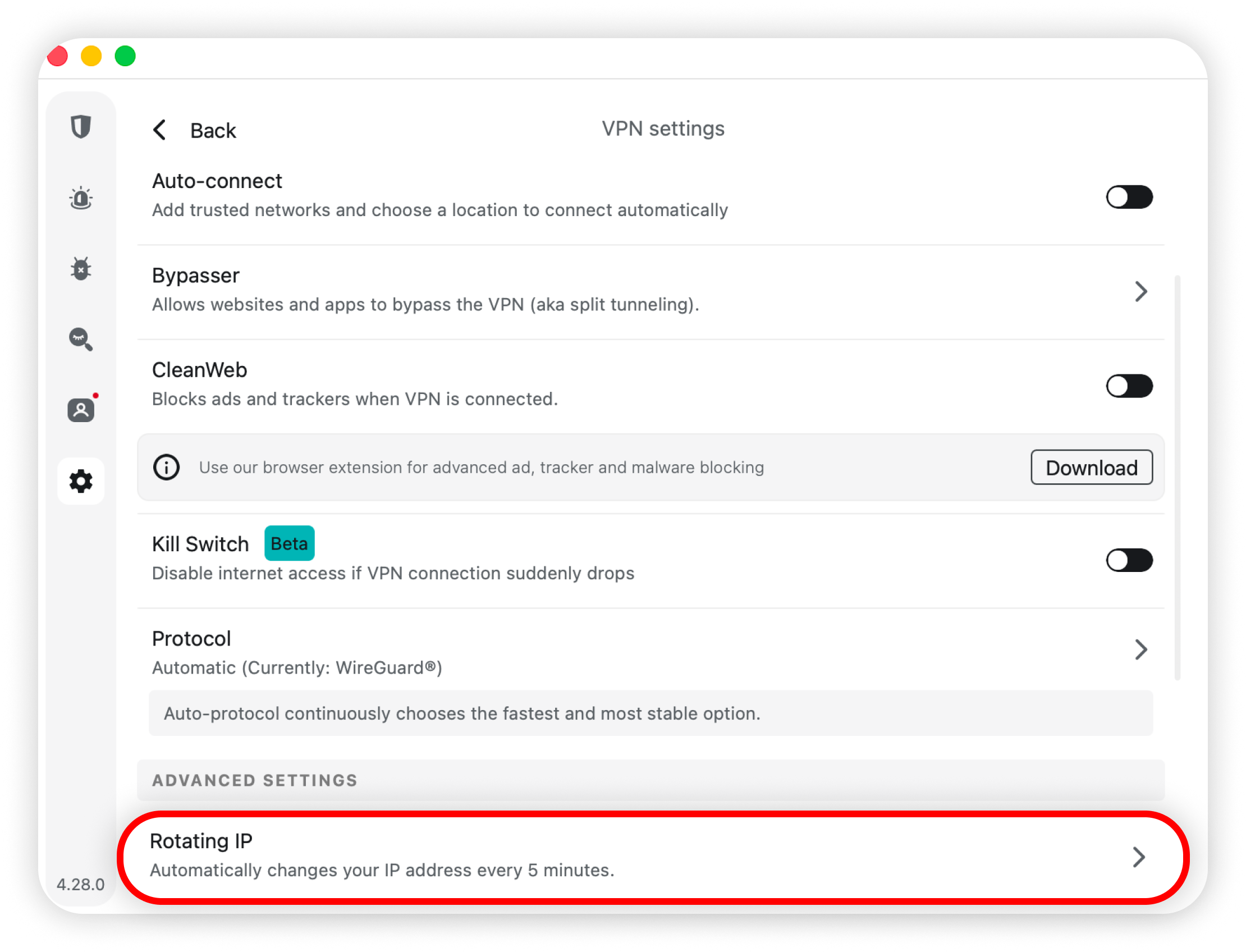 VPN settings with Rotating IP circled