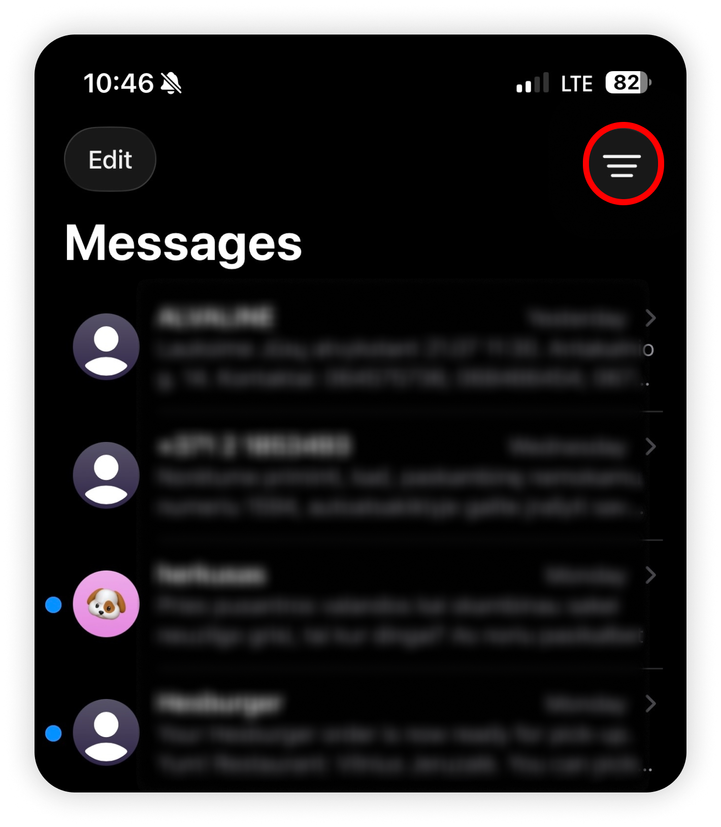 iOS Messages inbox with filter icon circled