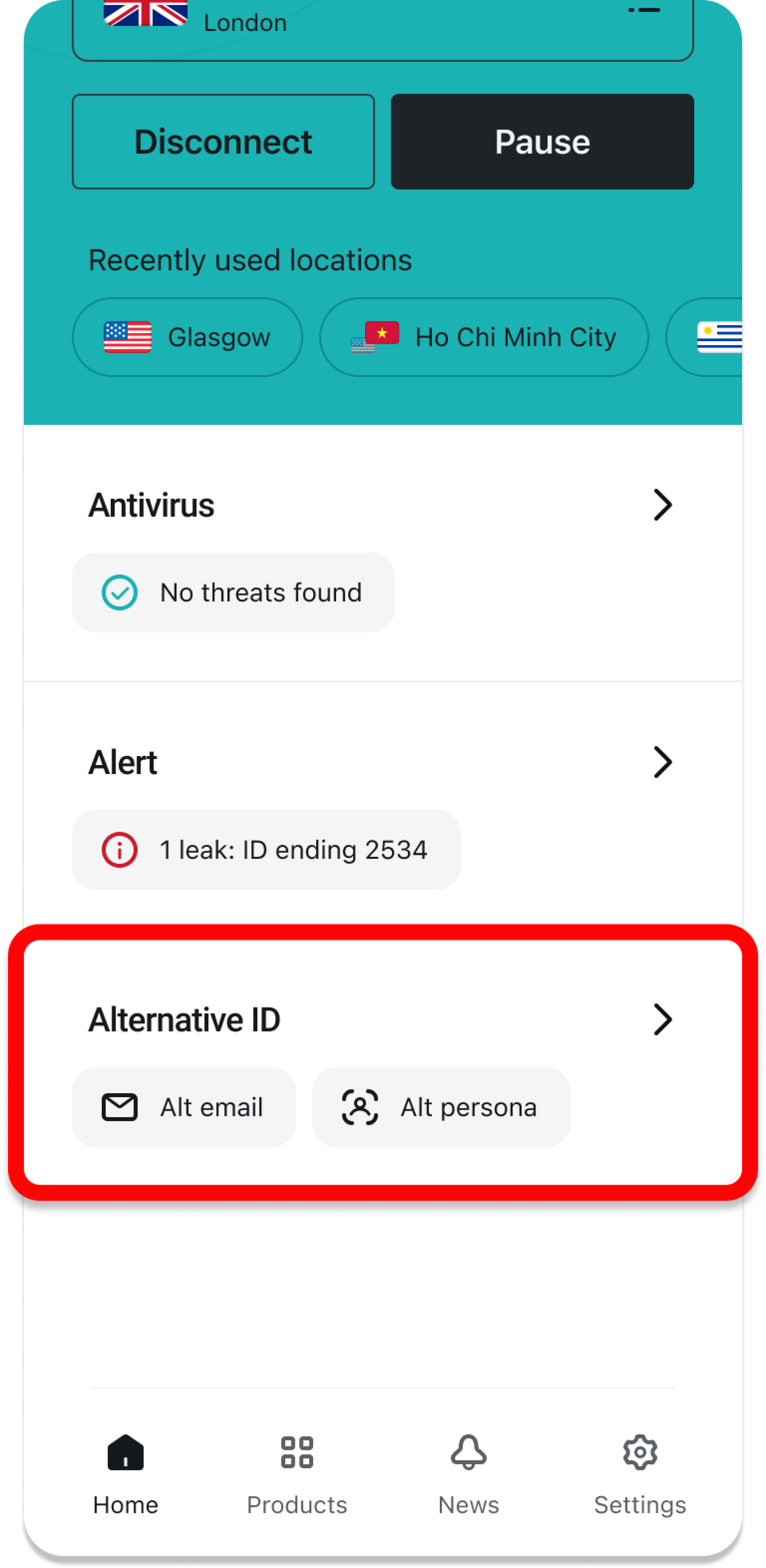 Alternative ID tile with Alt email and Alt persona highlighted