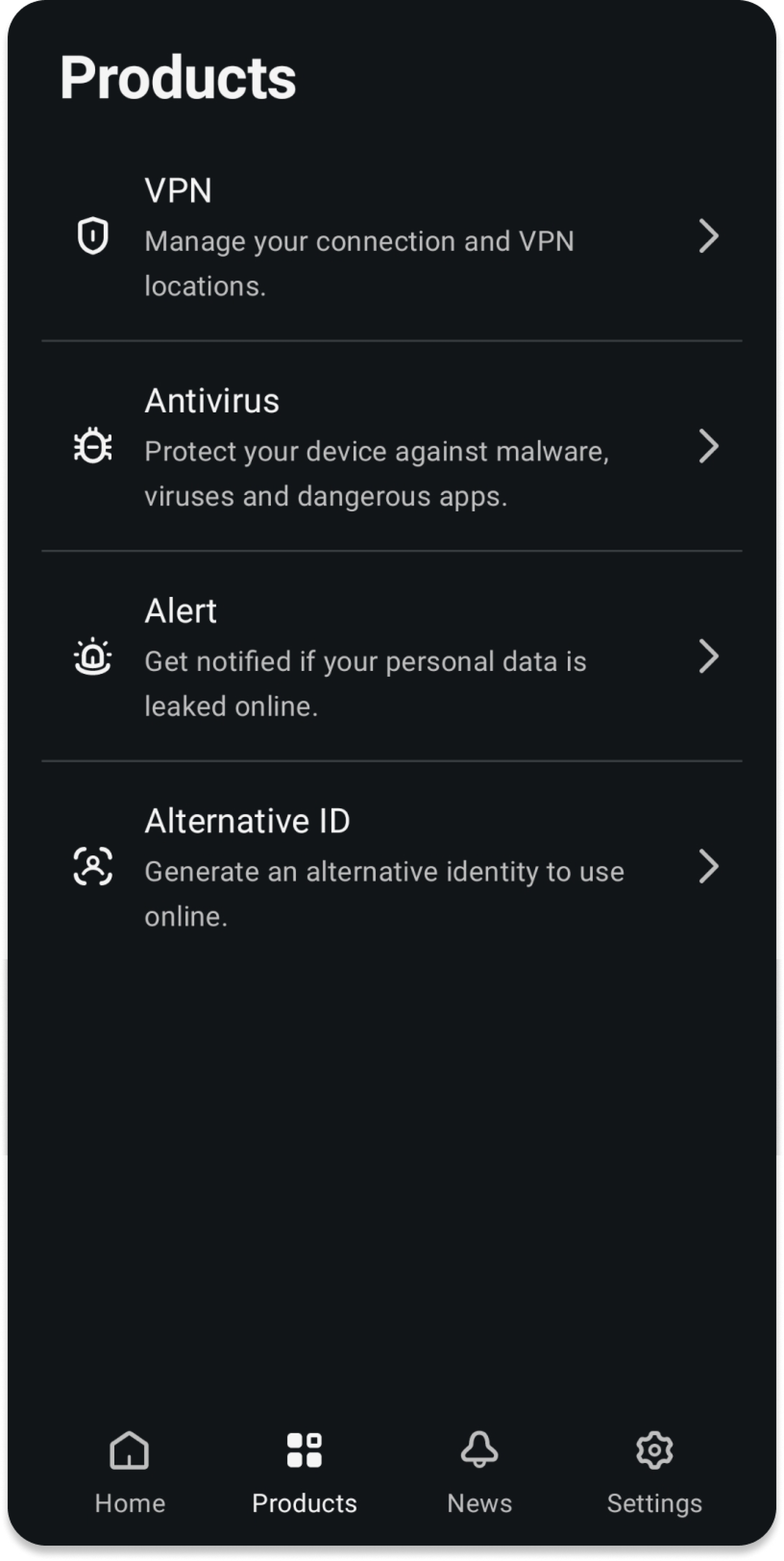 Products page listing VPN, Antivirus, Alert, and Alternative ID