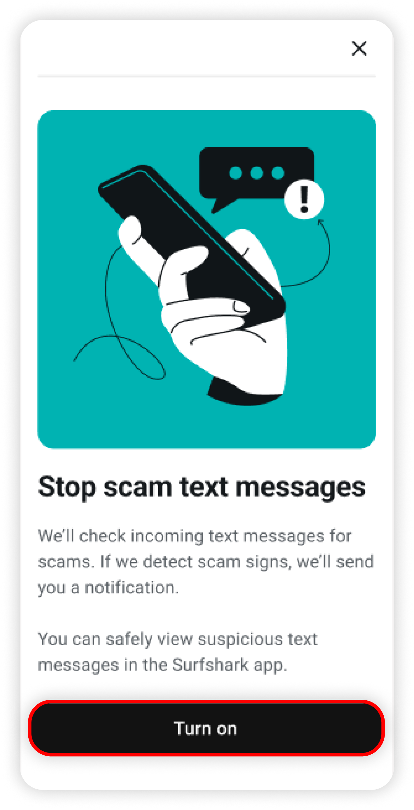 Stop scam text messages screen with Turn on circled