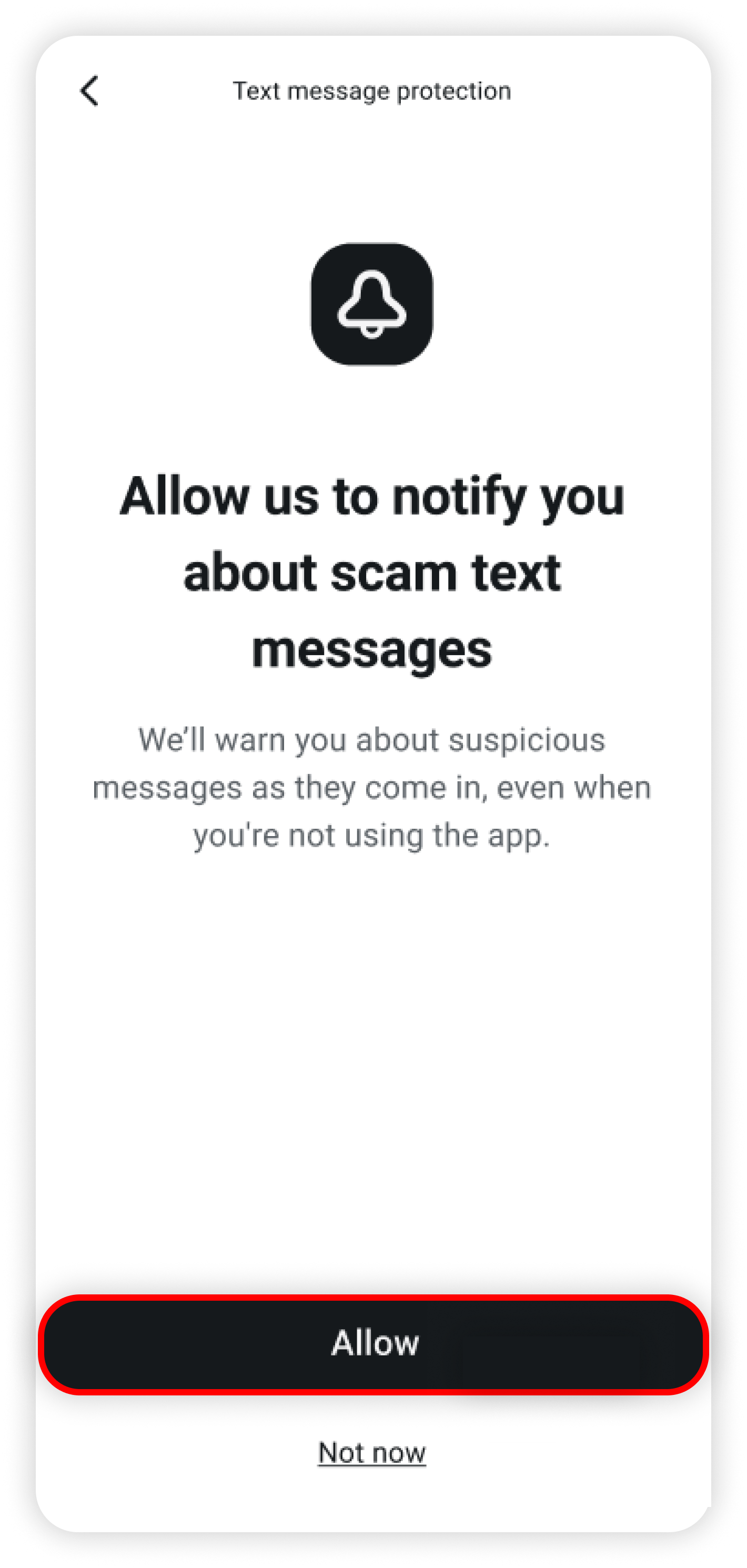 Allow us to notify you about scam text messages with Allow circled