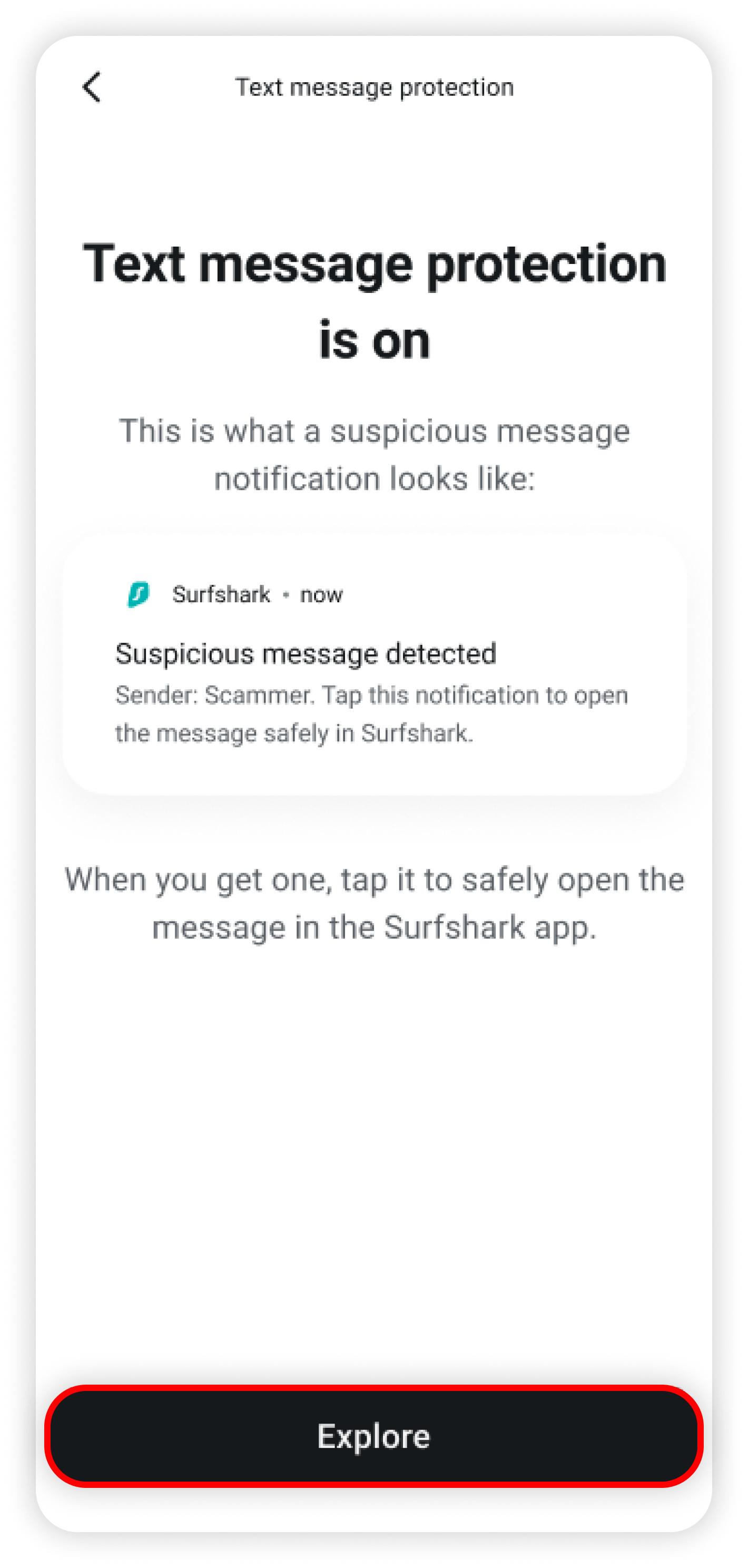 Text message protection is on screen with Explore circled