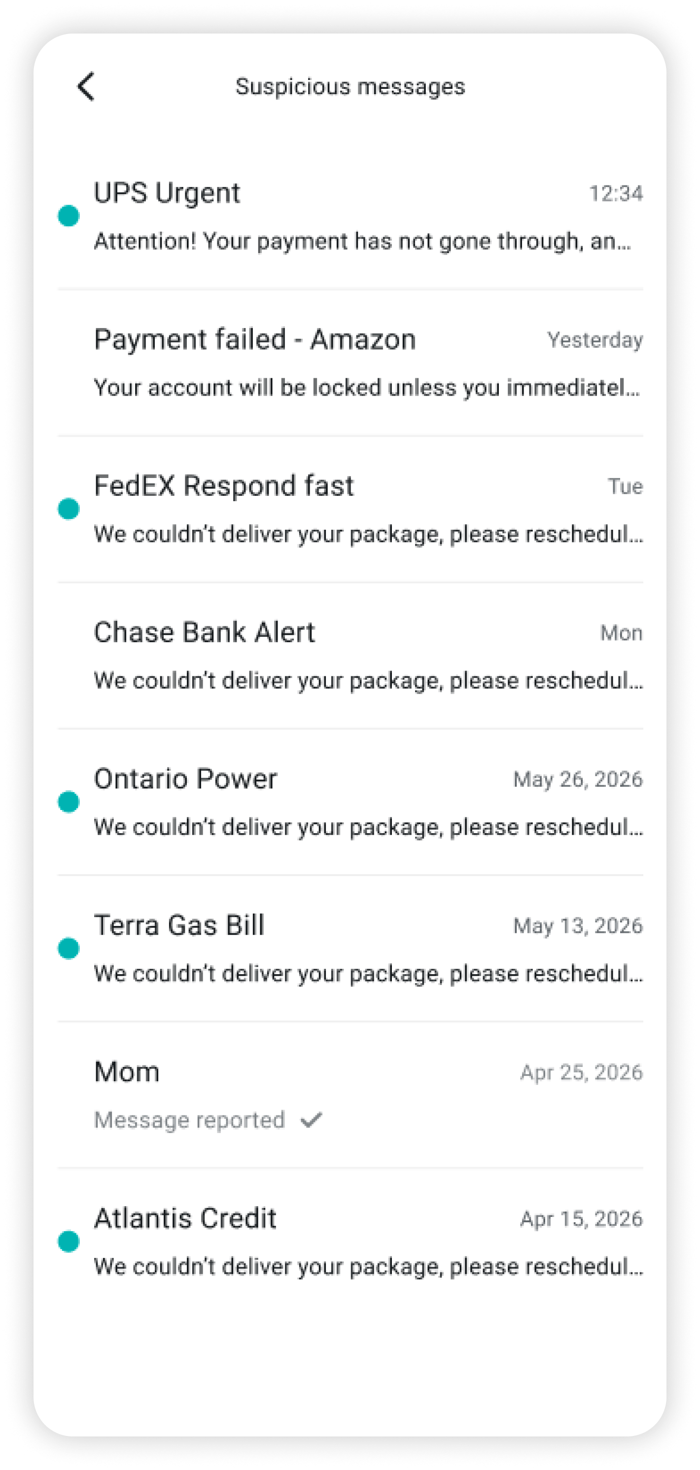 Suspicious messages list of flagged SMS senders