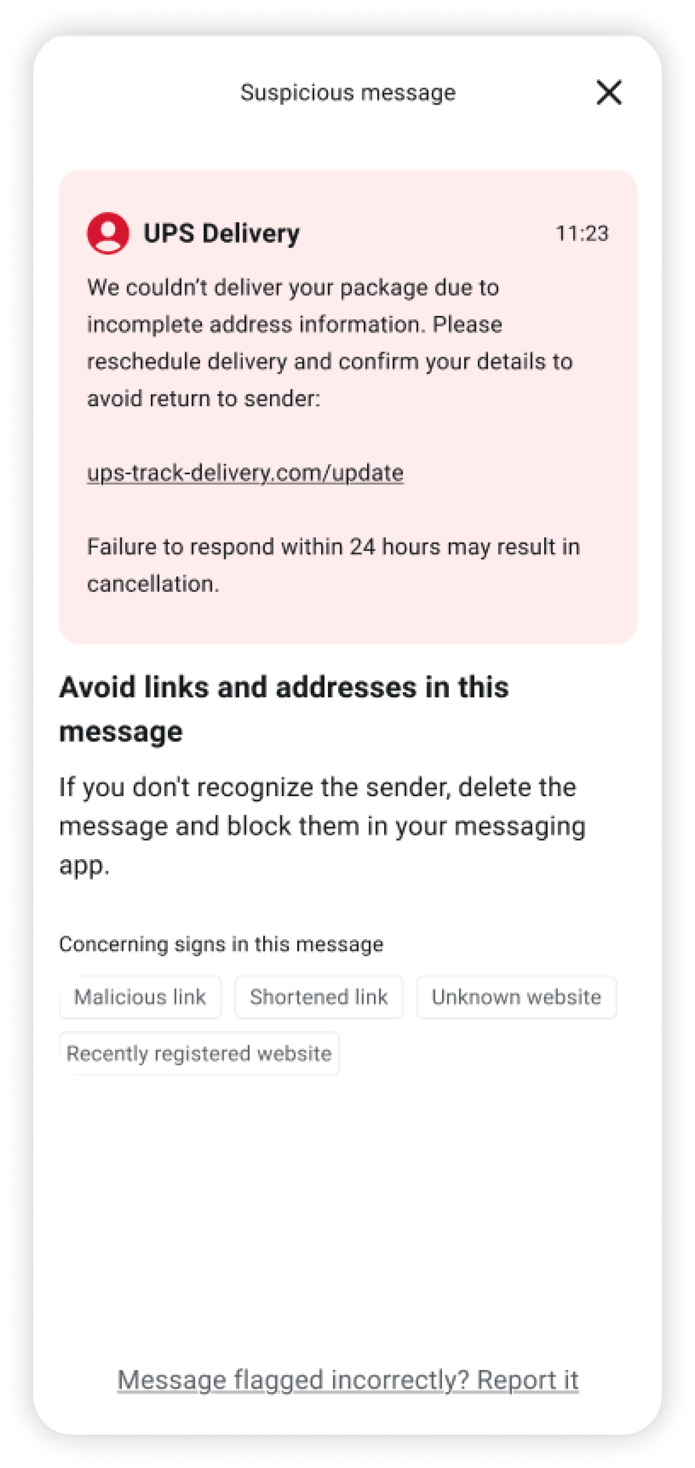 Suspicious message detail with warning to avoid links