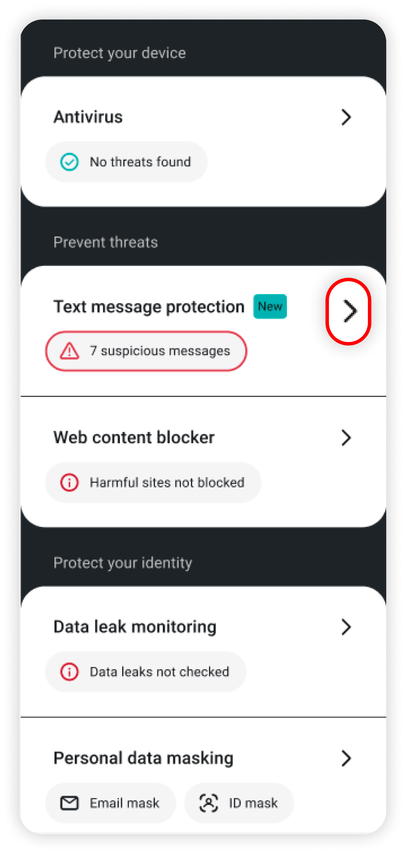 Prevent threats with Text message protection arrow circled