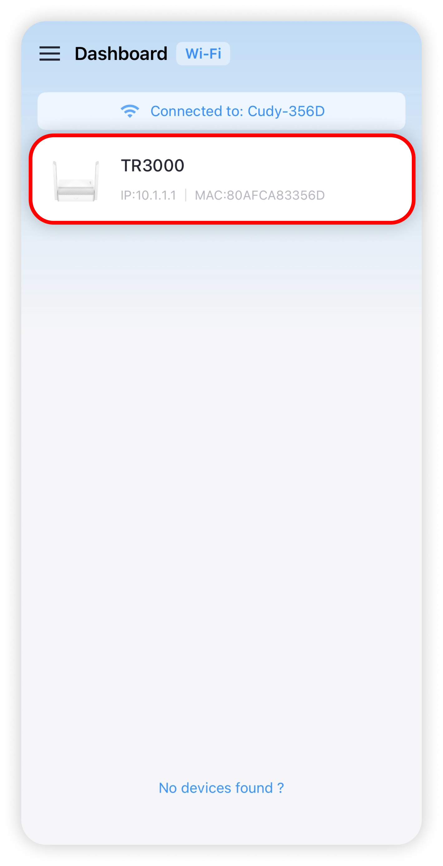 Cudy Wi-Fi dashboard with TR3000 router circled