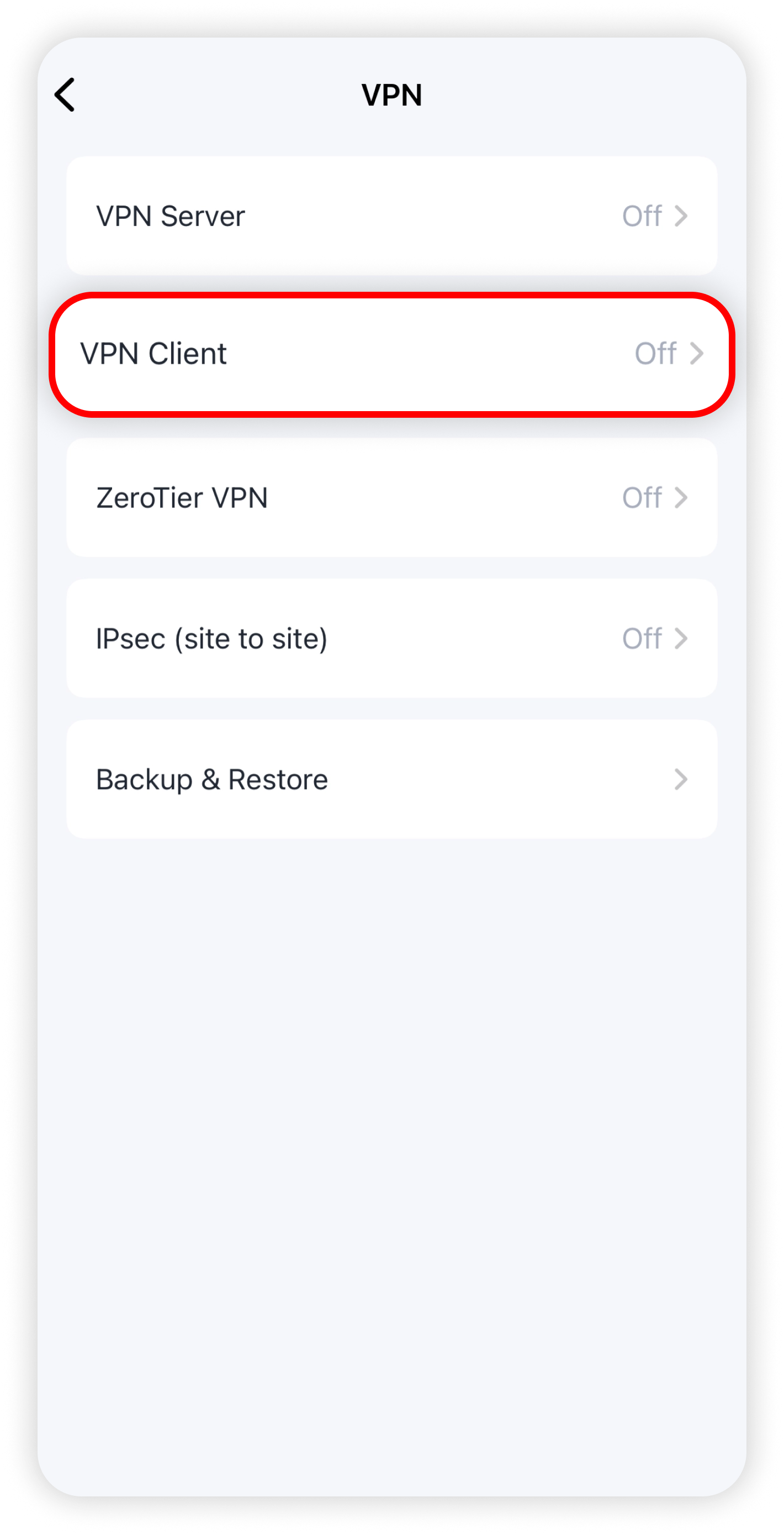 Cudy VPN menu with VPN Client circled