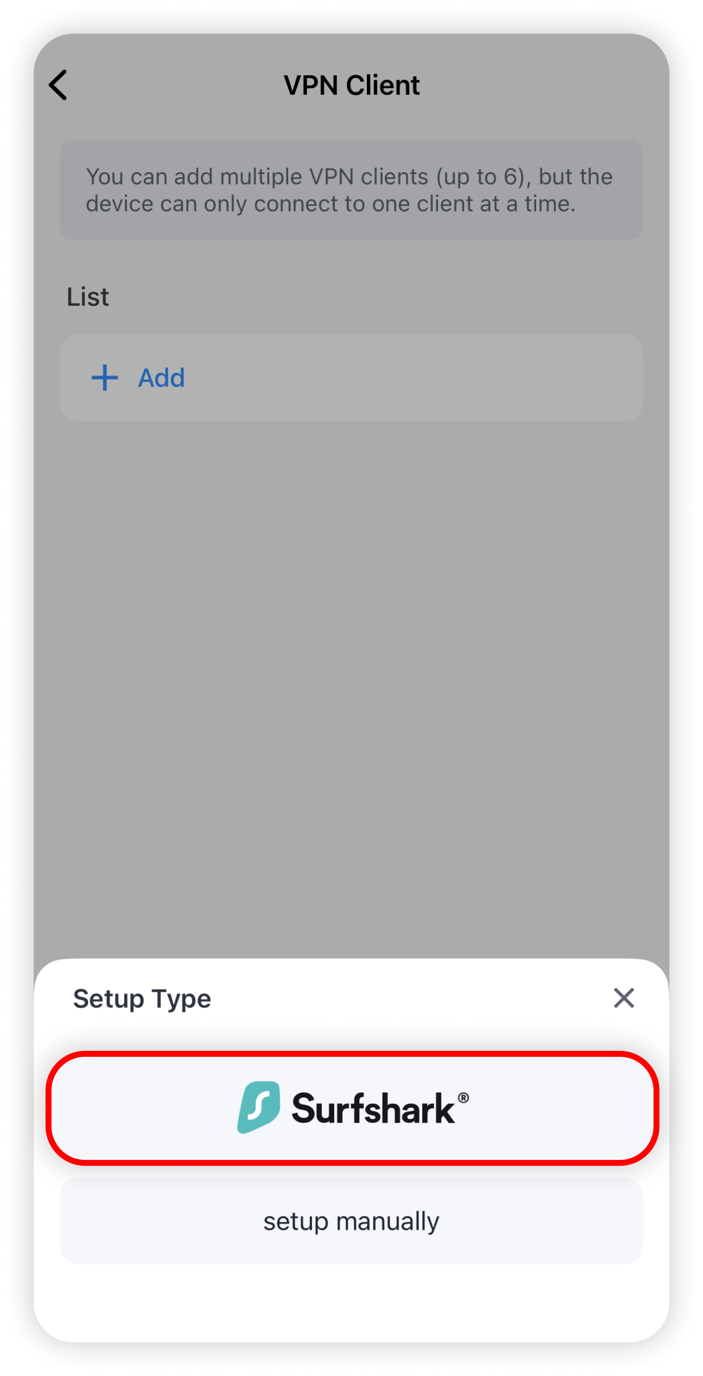 Cudy Setup Type sheet with Surfshark circled