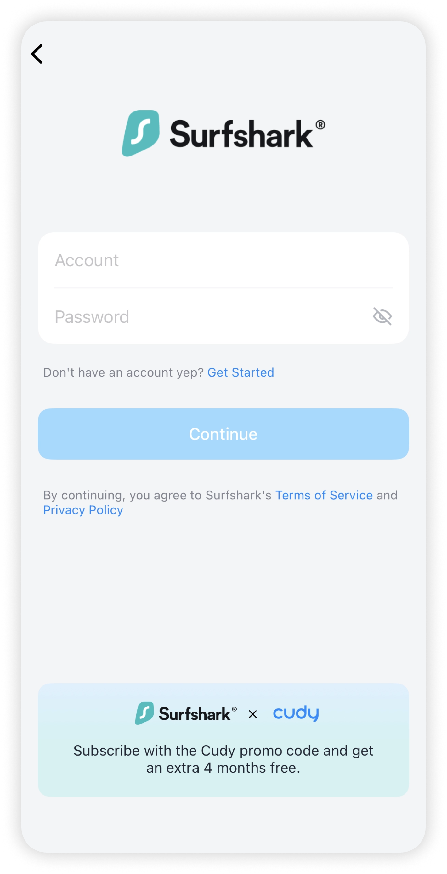 Surfshark login on Cudy app with Account and Password fields