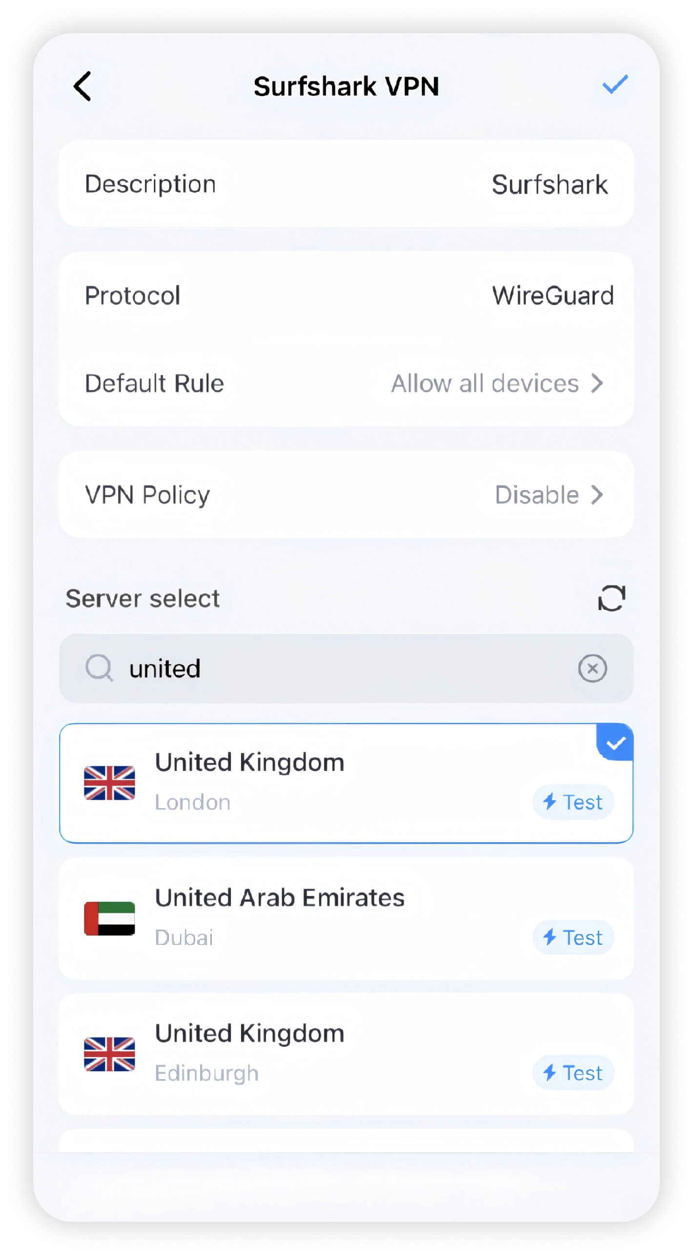 Cudy Surfshark VPN settings with United Kingdom London selected