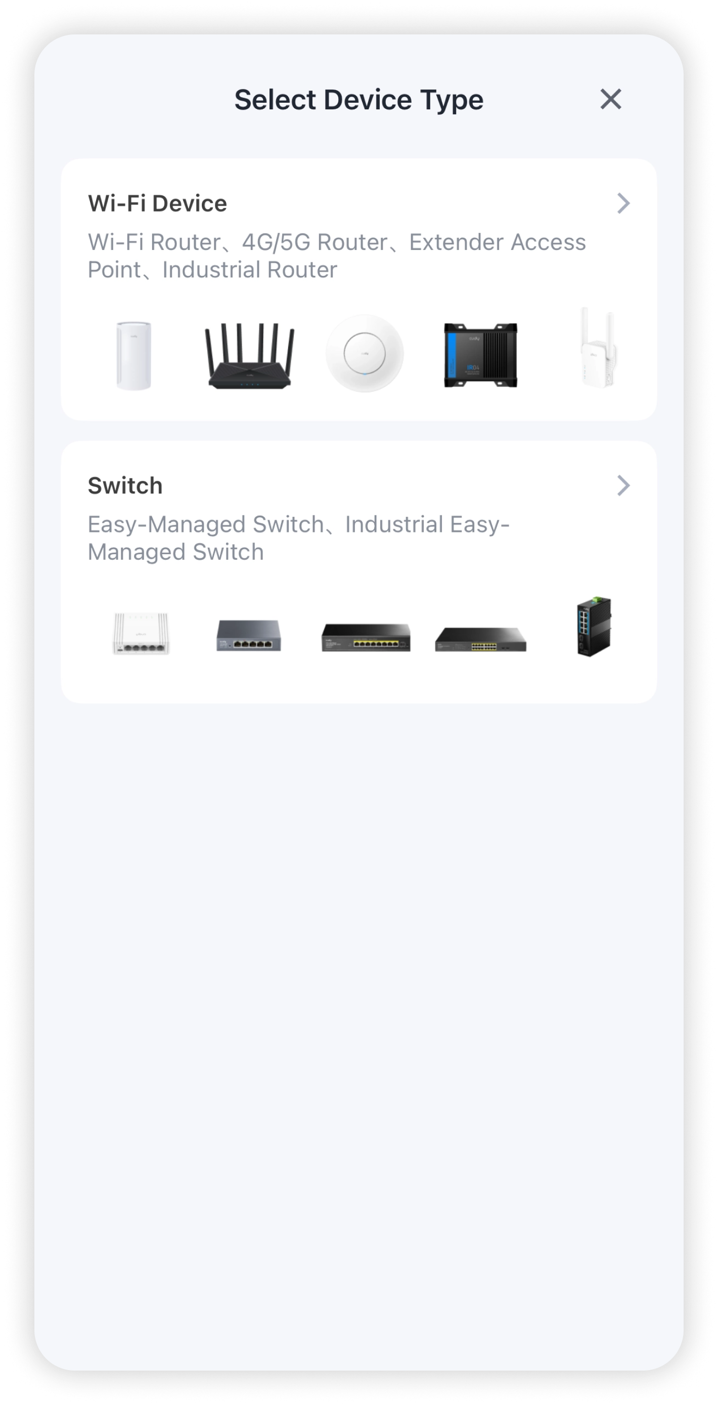 Cudy Select Device Type list with Wi-Fi Device