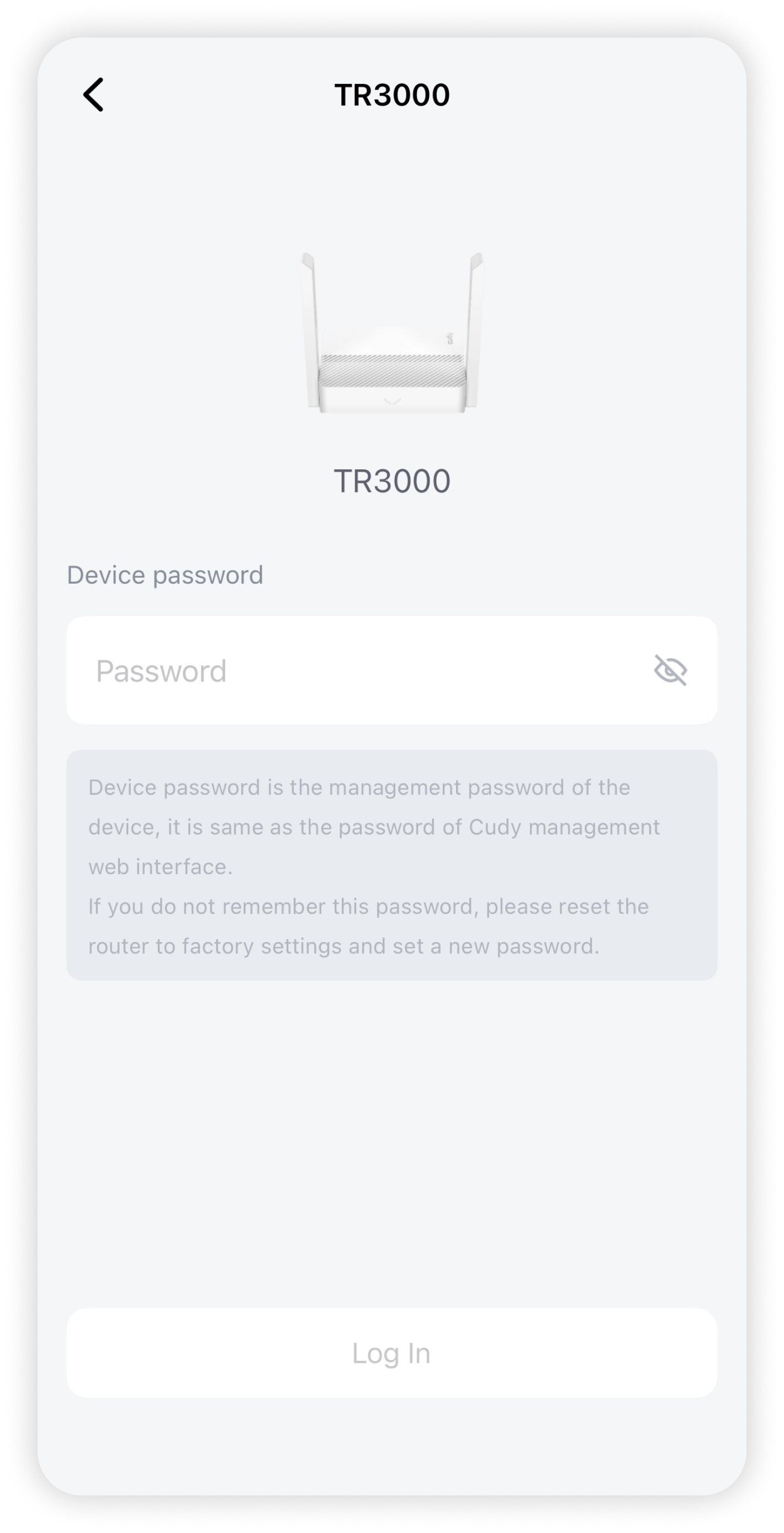 Cudy router login with password field and Log In