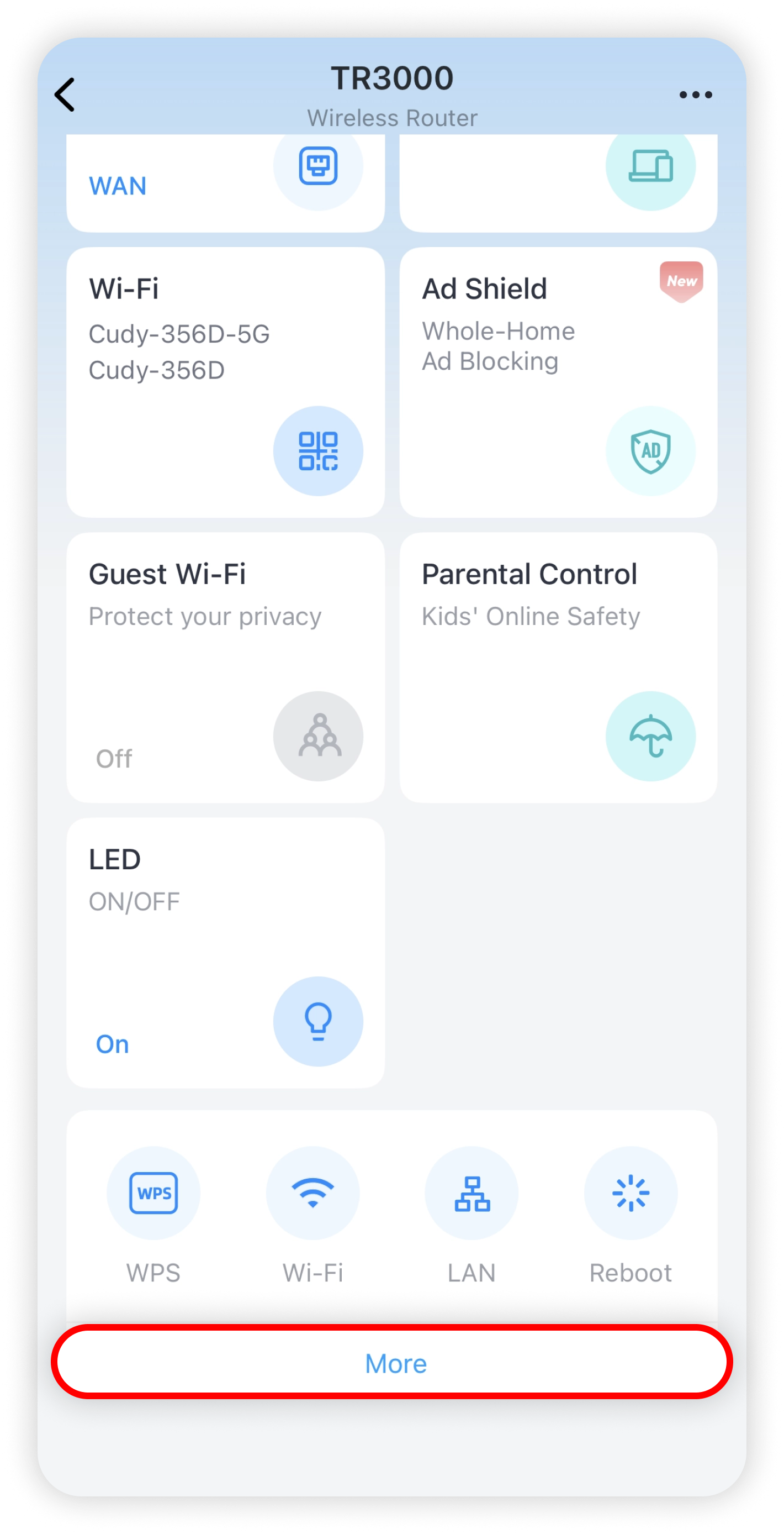 Cudy router dashboard with More circled