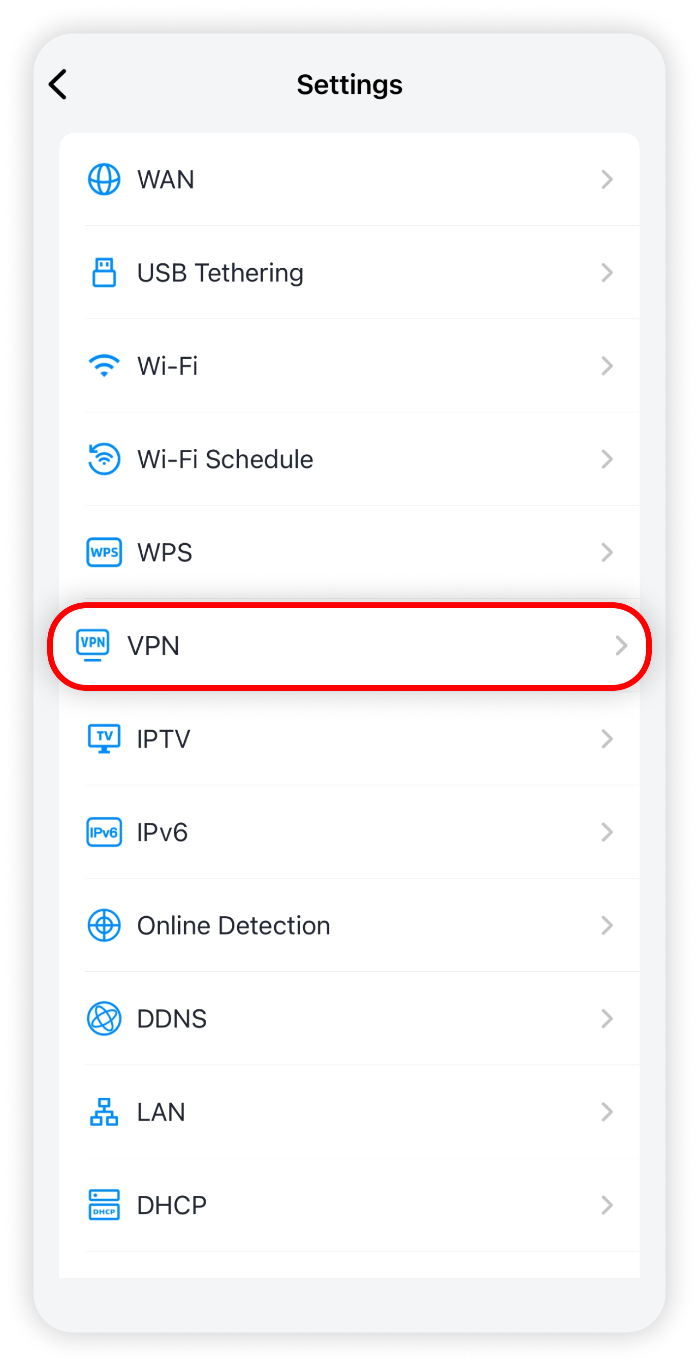 Cudy Settings list with VPN circled