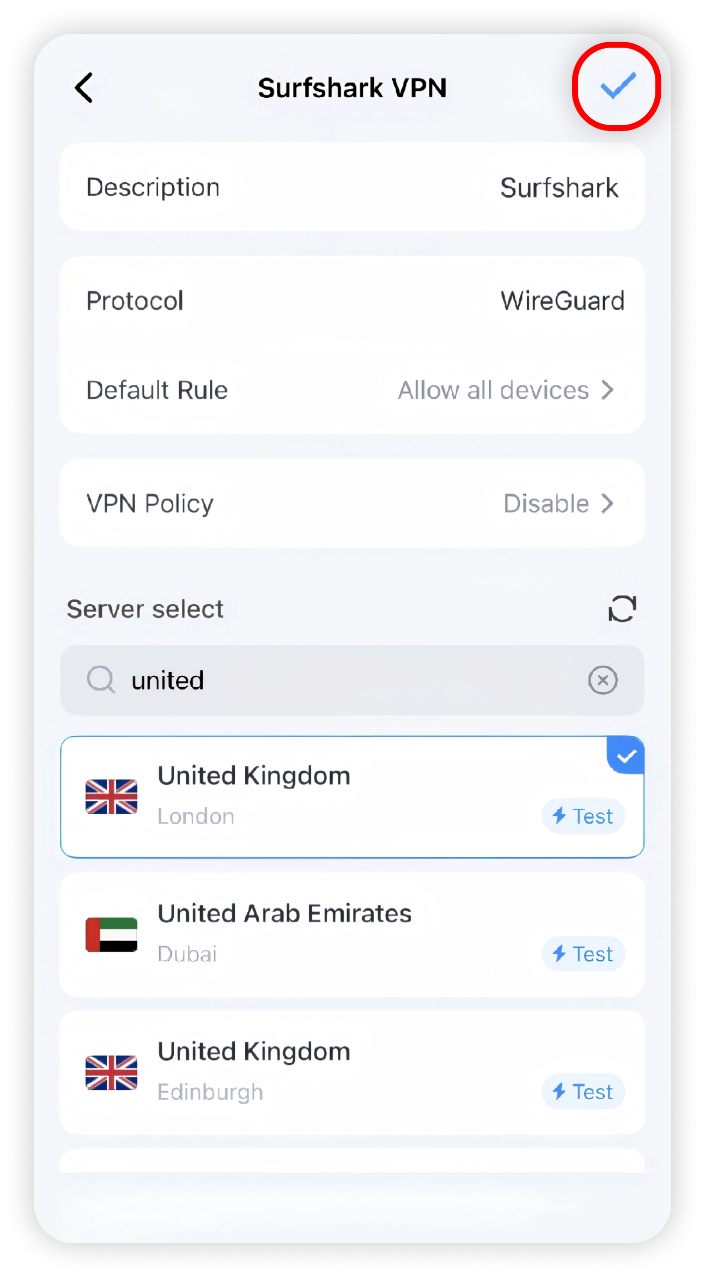 Cudy Surfshark VPN settings with check icon circled