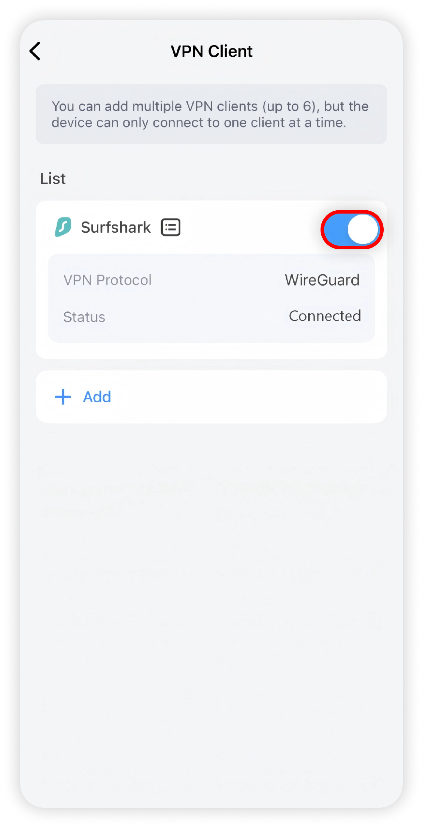 Cudy VPN Client list with Surfshark toggle on