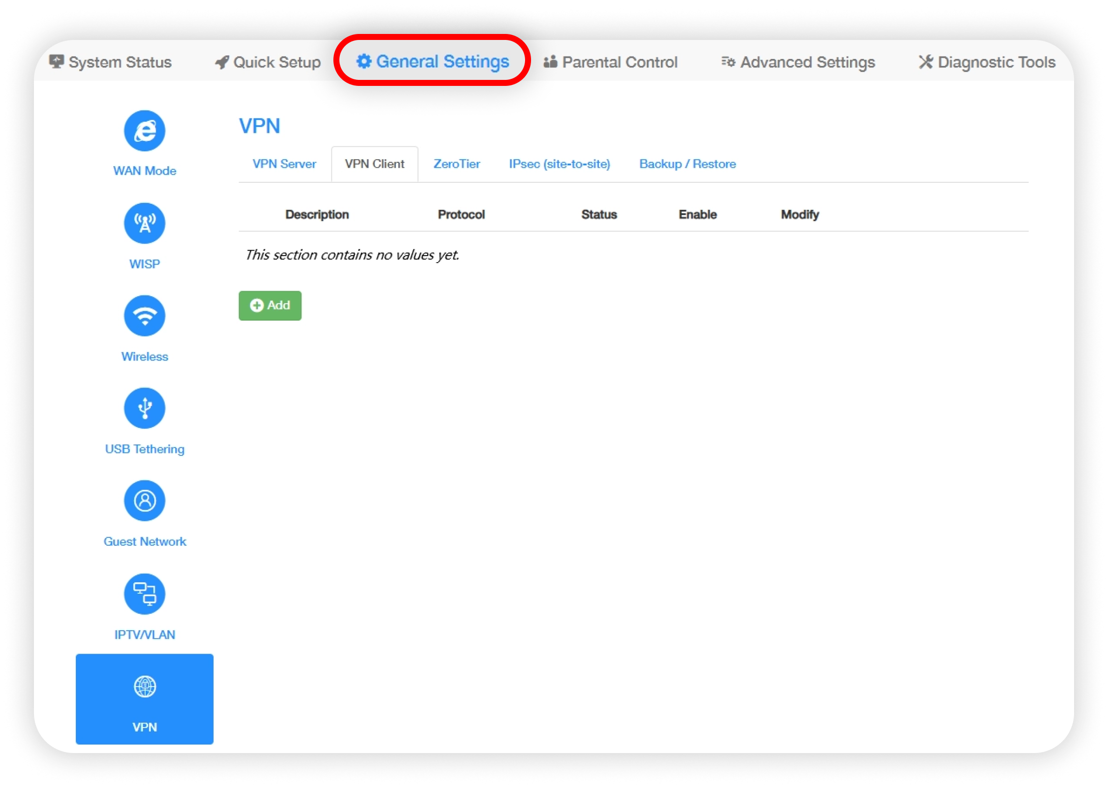 Cudy web interface with General Settings circled