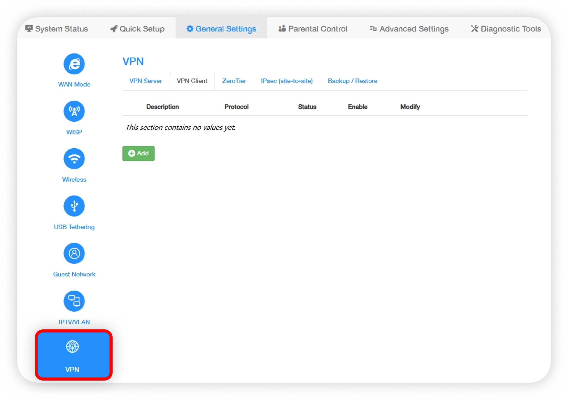 Cudy web interface with VPN in the left menu circled