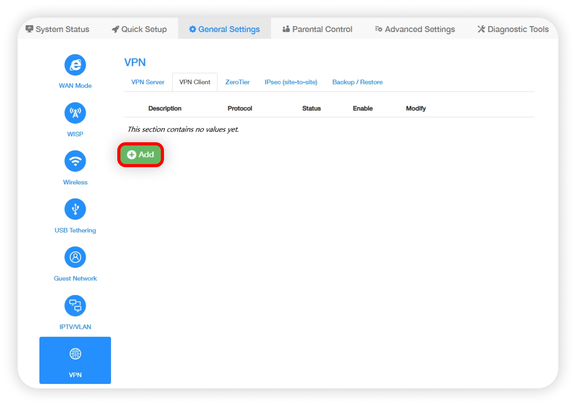 Cudy VPN Client page with Add circled