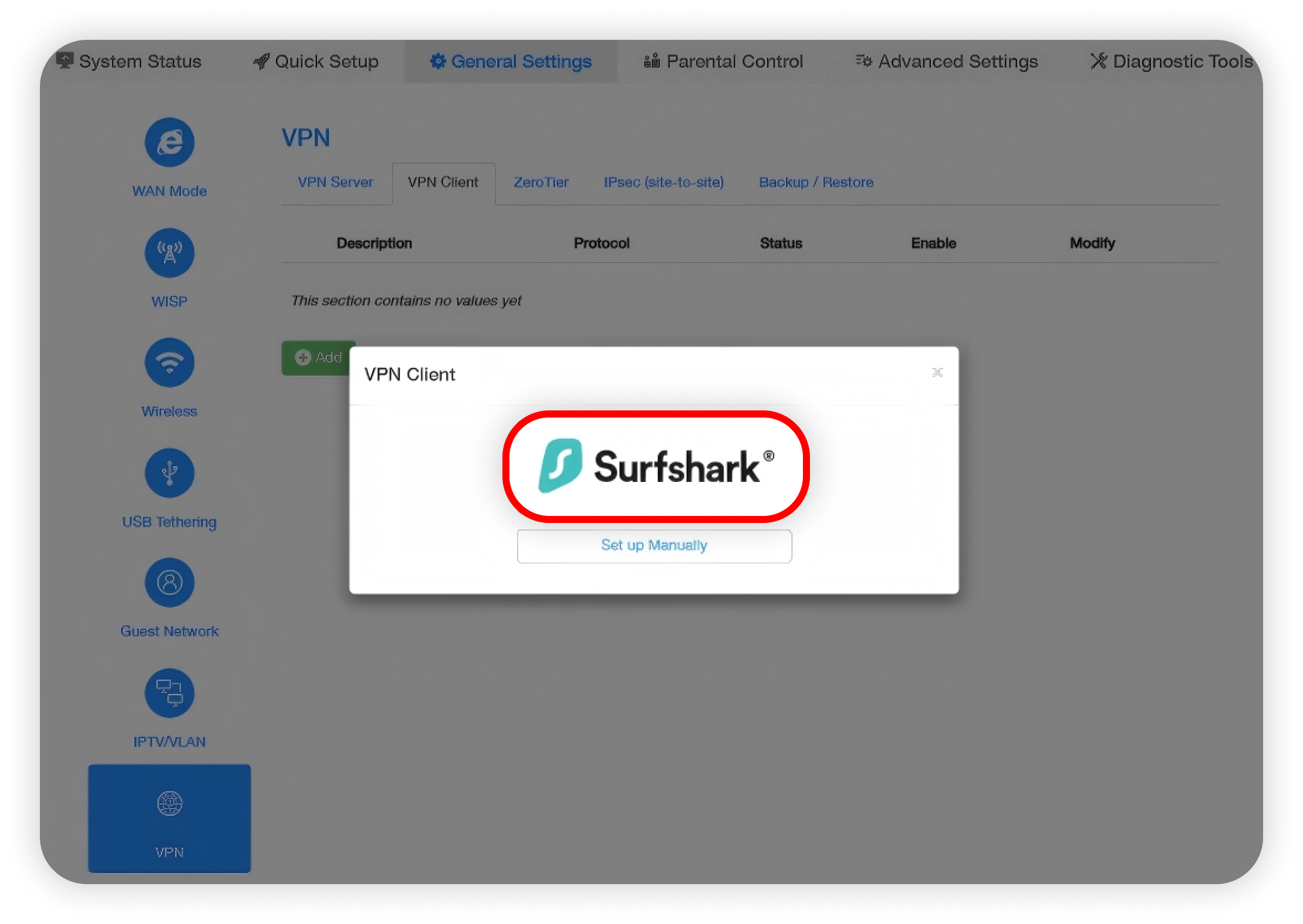 Cudy VPN Client popup with Surfshark circled